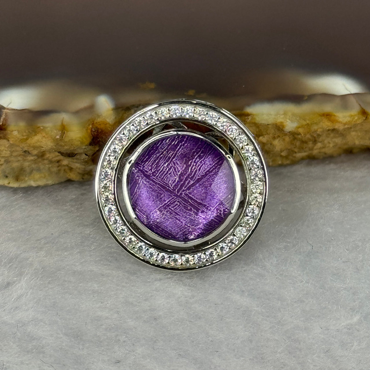 Natural Meteorite Spinning High Energy Feng Shui Charm in S925 Silver with Crystals For Necklace / Bracelet (Purple Color) 4.10g 16.8 by 7.6mm - Huangs Jadeite and Jewelry Pte Ltd