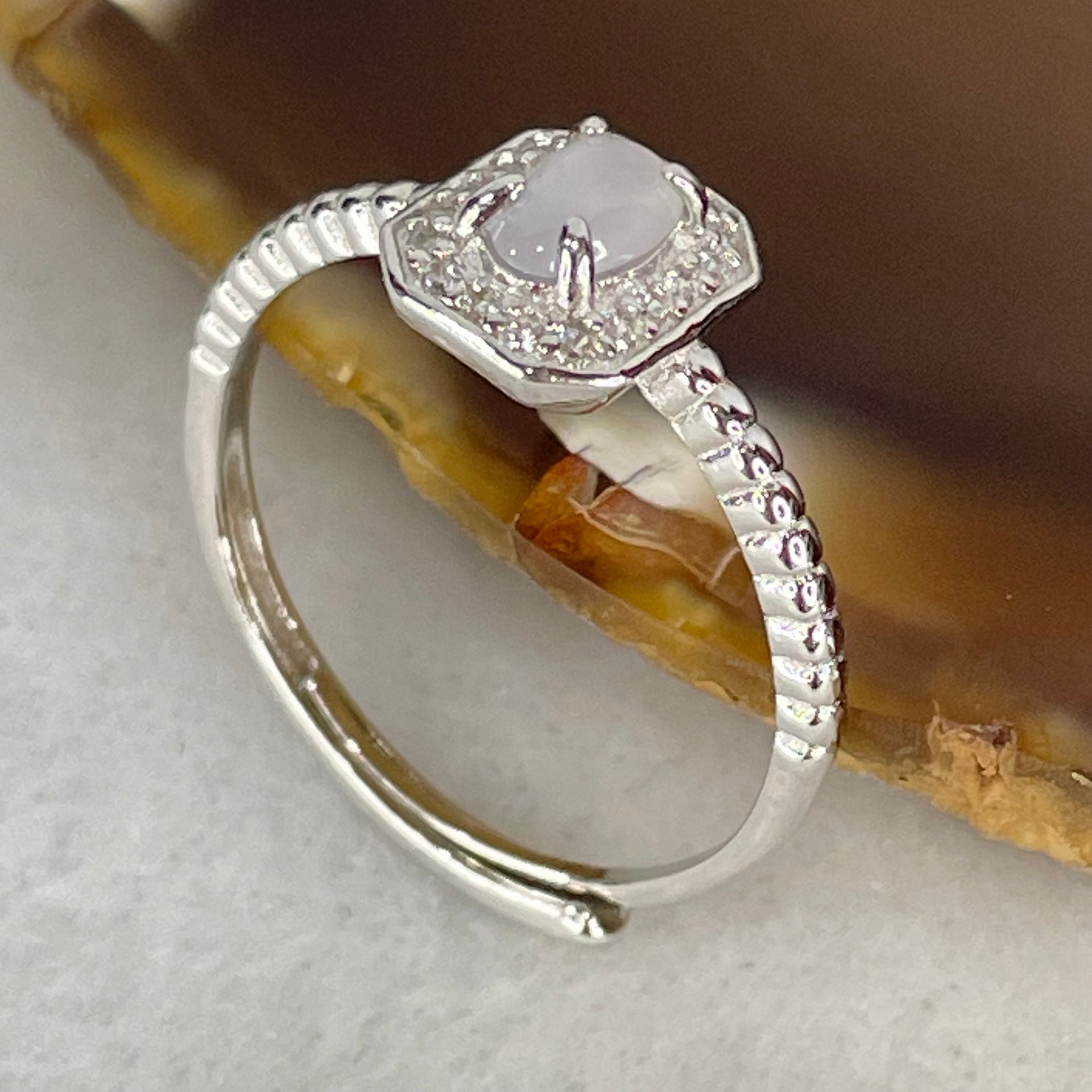 Type A Semi Icy Lavender Cabochon Jadeite in S925 Sliver Ring (Adjustable Size) 1.35g 5.6 by 4.2 by 2.0mm - Huangs Jadeite and Jewelry Pte Ltd