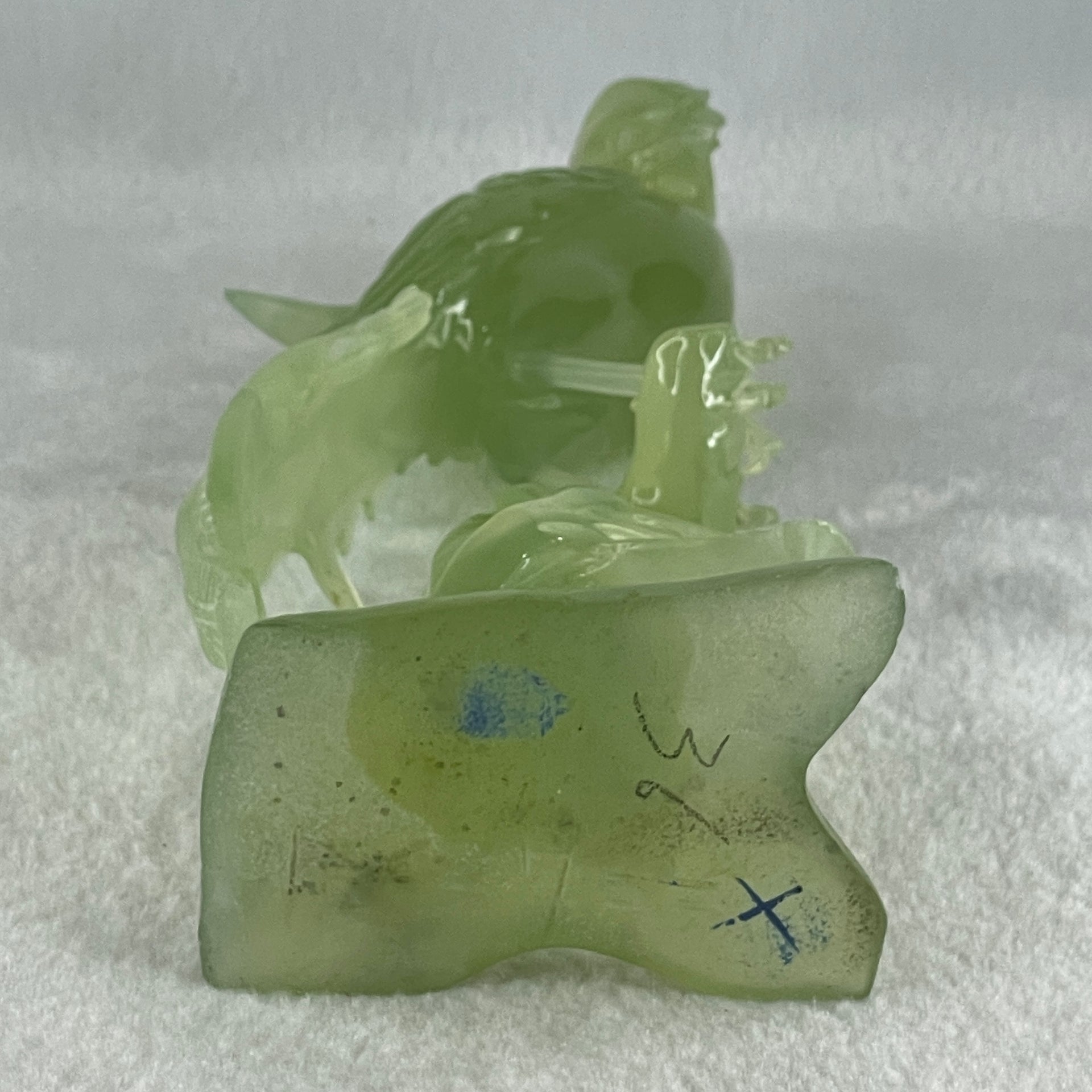 Natural Green Serpentine Phoenix on Tree with Wooden Stand Display 507.8g 114.0 by 265.0 by 84.0mm - Huangs Jadeite and Jewelry Pte Ltd