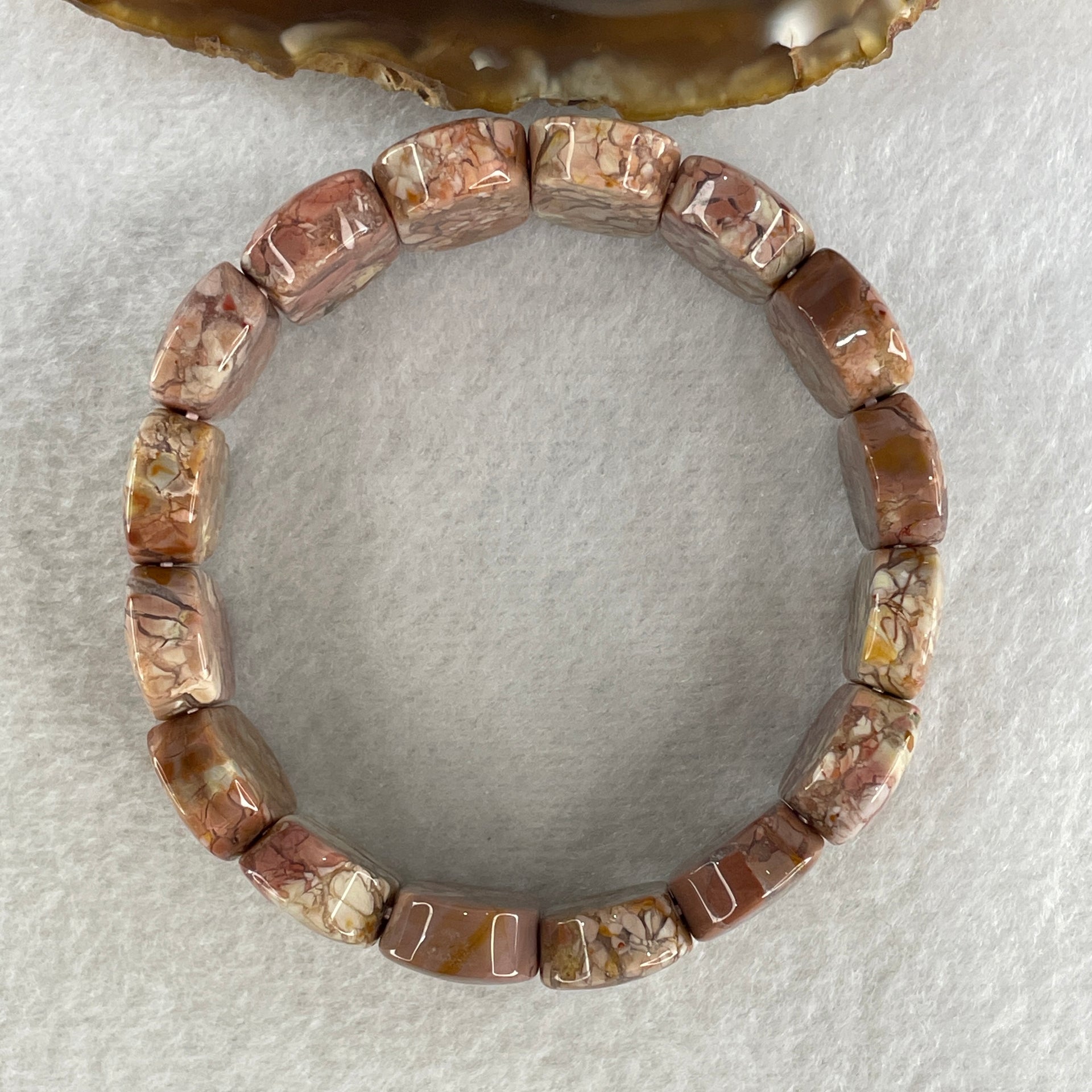 Certified Natural Alashan Agate Pink Shou Pai Bracelet 53.325g 17.5cm 20.3mm 16pcs - Huangs Jadeite and Jewelry Pte Ltd