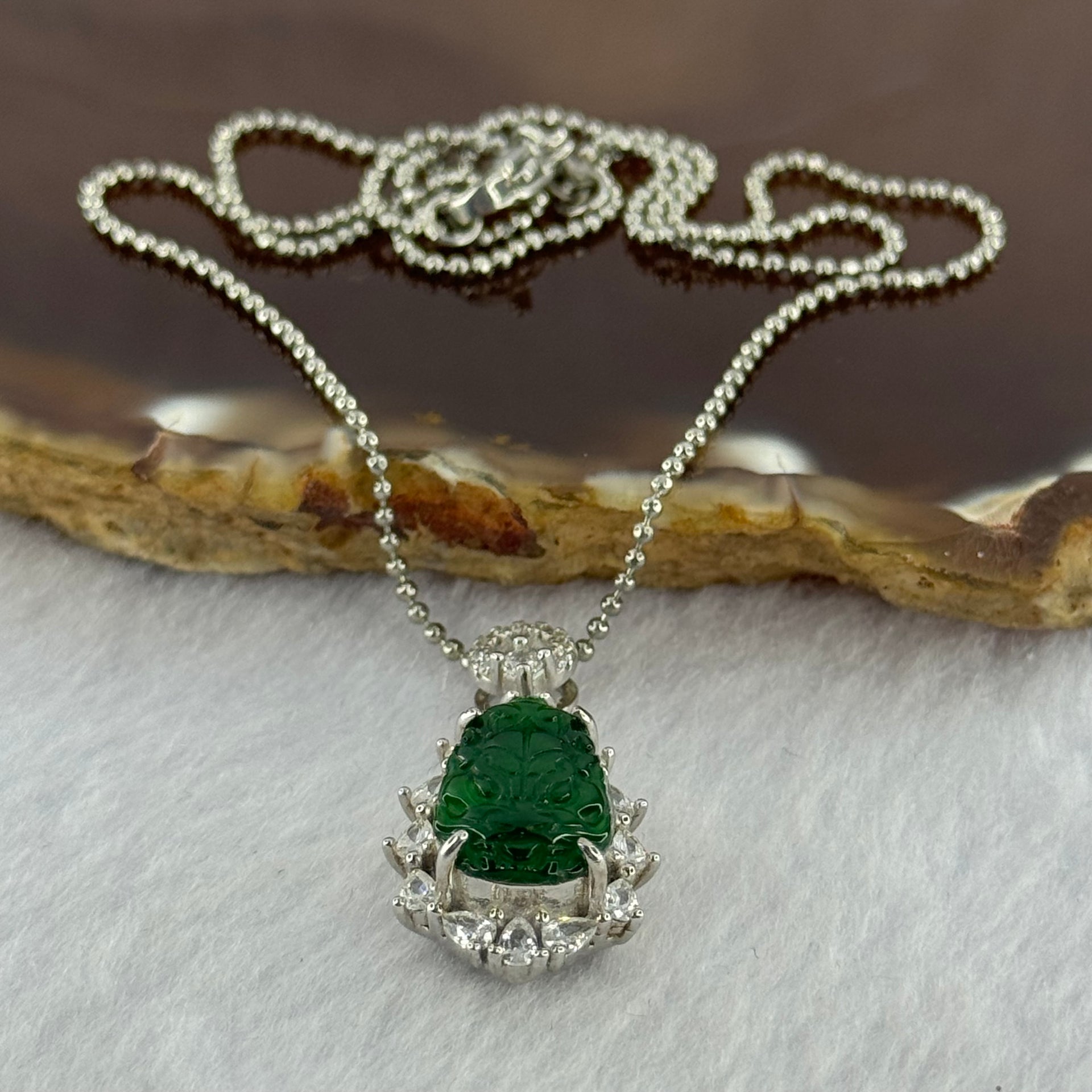Type A Icy Green Omphasite Jadeite Dragon Head with Crystals in S925 Sliver Necklace 5.11g 13.5 by 9.1 by 2.0mm - Huangs Jadeite and Jewelry Pte Ltd