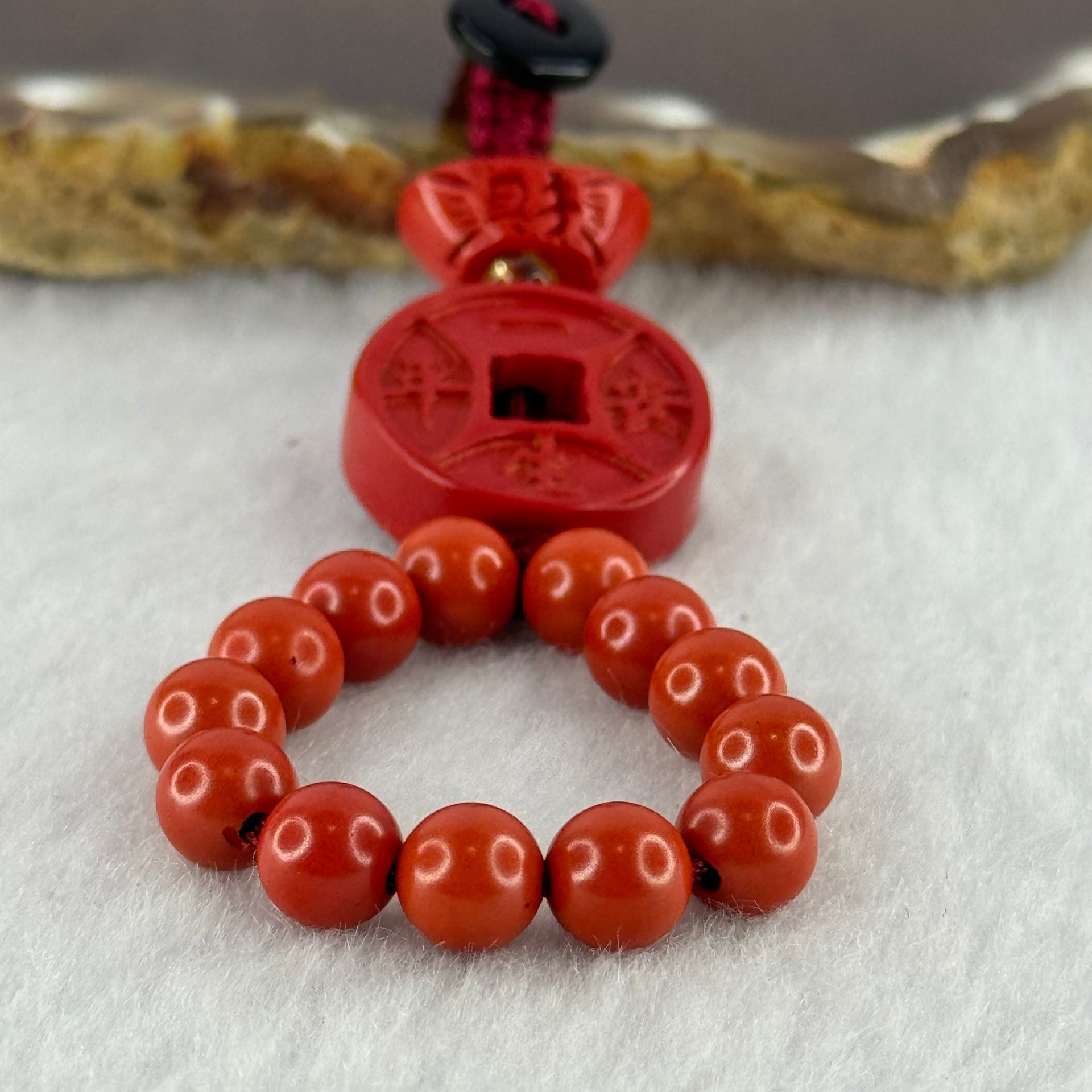 Natural Red Cinnabar Bead with Gold Coin and Ingot Charm 11.40g 17.9 by 6.3mm 6.3mm 13 Beads - Huangs Jadeite and Jewelry Pte Ltd