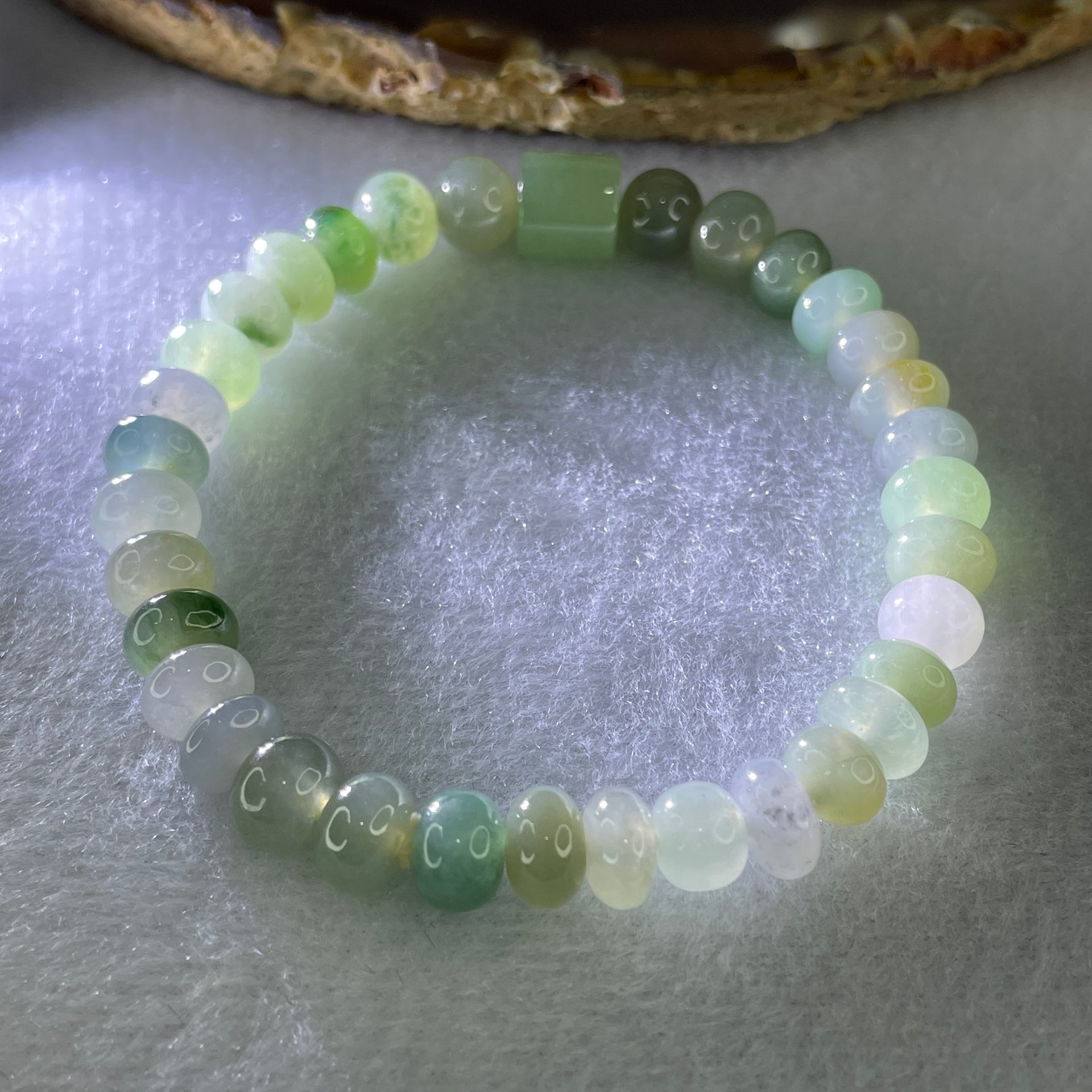Natural Type A Muti Green Jadeite Donut with Lulutong Charm Bracelet 18.94g 15cm 7.6mm 33 Beads - 8.2 by 8.4mm Lulutong - Huangs Jadeite and Jewelry Pte Ltd