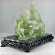 Natural Green Serpentine Double Victory Horses with Twin Birds on Treen and Pond with Wooden Stand Display 1,275.3g 240.0 by 210.0 by 160.0mm - Huangs Jadeite and Jewelry Pte Ltd