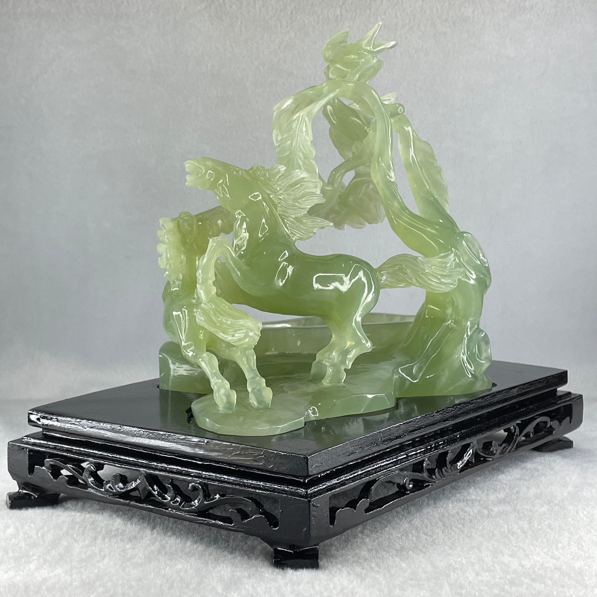 Natural Green Serpentine Double Victory Horses with Twin Birds on Treen and Pond with Wooden Stand Display 1,275.3g 240.0 by 210.0 by 160.0mm - Huangs Jadeite and Jewelry Pte Ltd