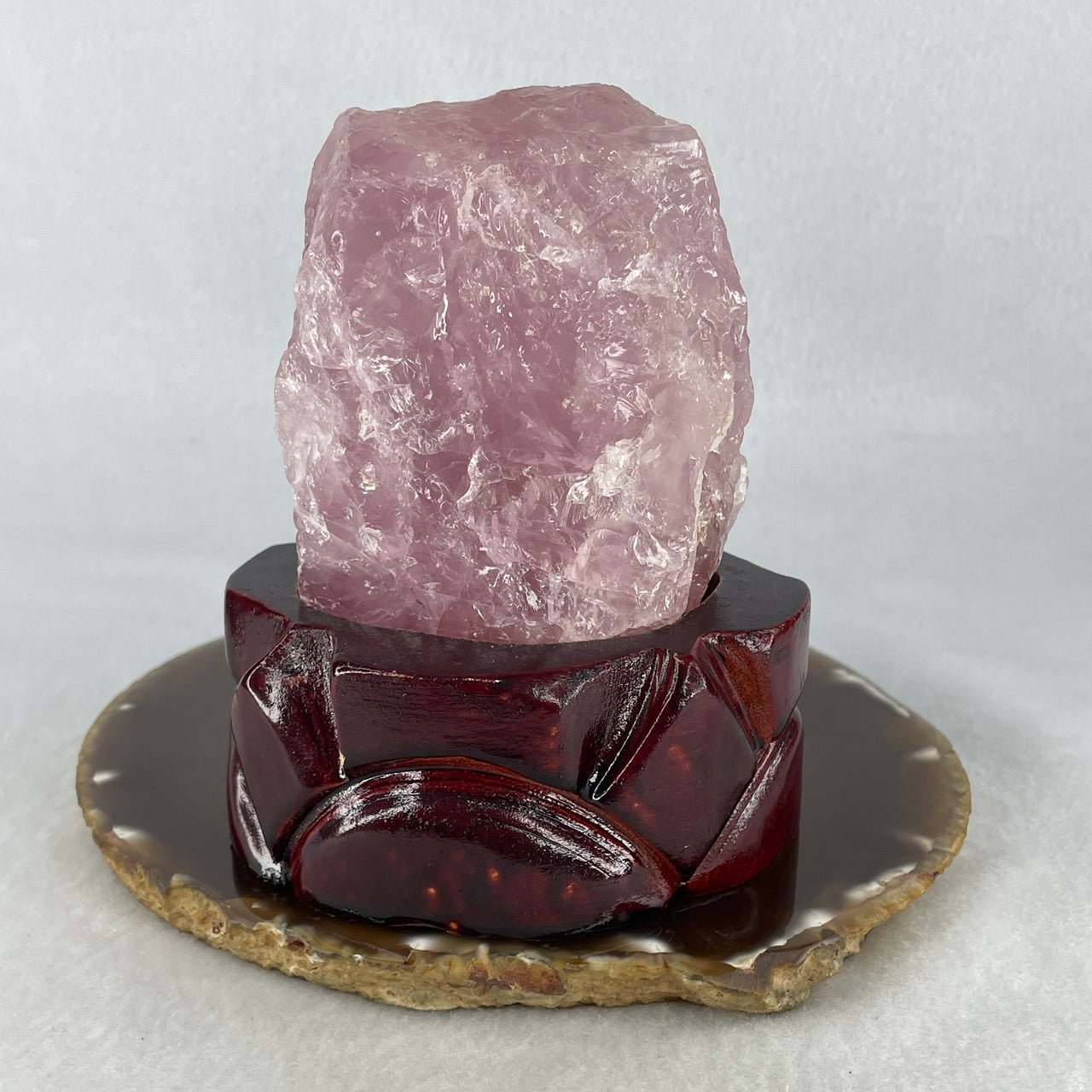 Natural Pink Rose Quartz Rough Cluster | Ultimate Romance & Relationship Harmony Booster | Premium Custom Wooden Display Stand (617.0g 85x90x135mm)