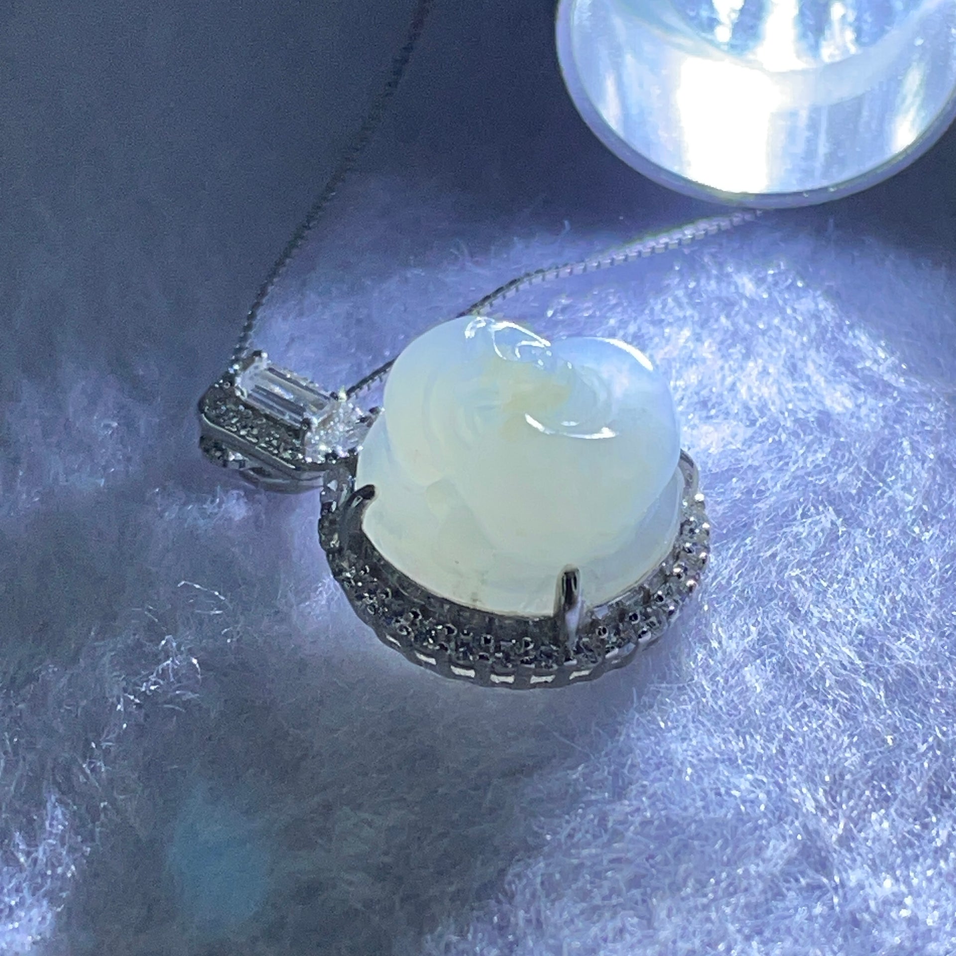 Type A Faint Green Lavender Yellow Milo Buddha with Crystals in S925 Sliver Pendant and Necklace 5.52g 13.9 by 13.9 by  7.5mm - Huangs Jadeite and Jewelry Pte Ltd