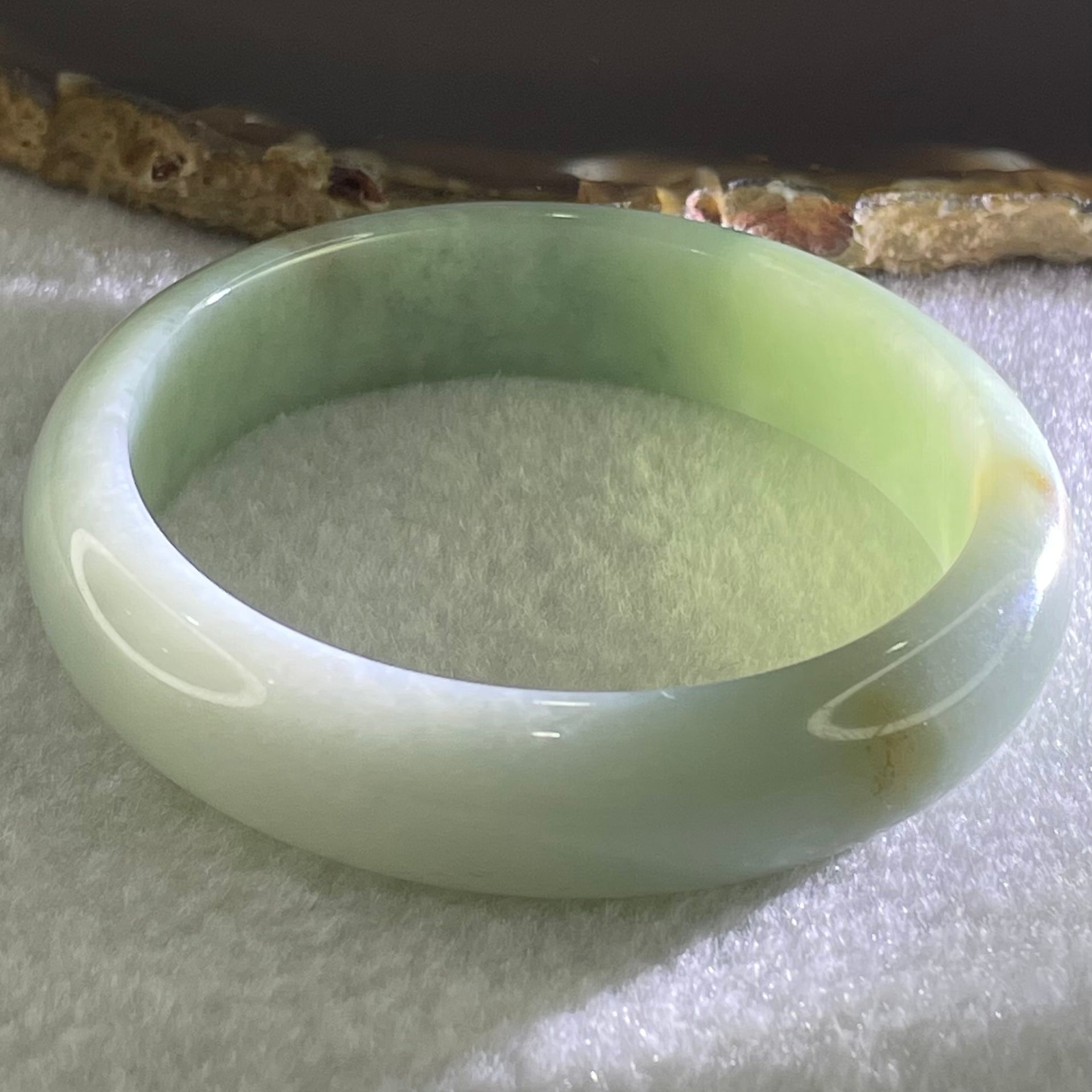 Type A Light Blueish Green with Brown Yellow and Dark Blueish Green Patches Jadeite Bangle 51.67g Internal Diameter 55.6mm 14.0 by 7.2mm (Close to Perfect) - Huangs Jadeite and Jewelry Pte Ltd