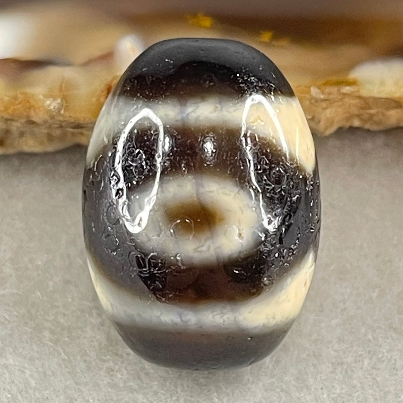 Natural Powerful Tibetan Old Oily Agate 3 Eyes Dzi Bead Heavenly Master (Tian Zhu) 三眼天诛 6.20g 20.3 by 14.7mm - Huangs Jadeite and Jewelry Pte Ltd