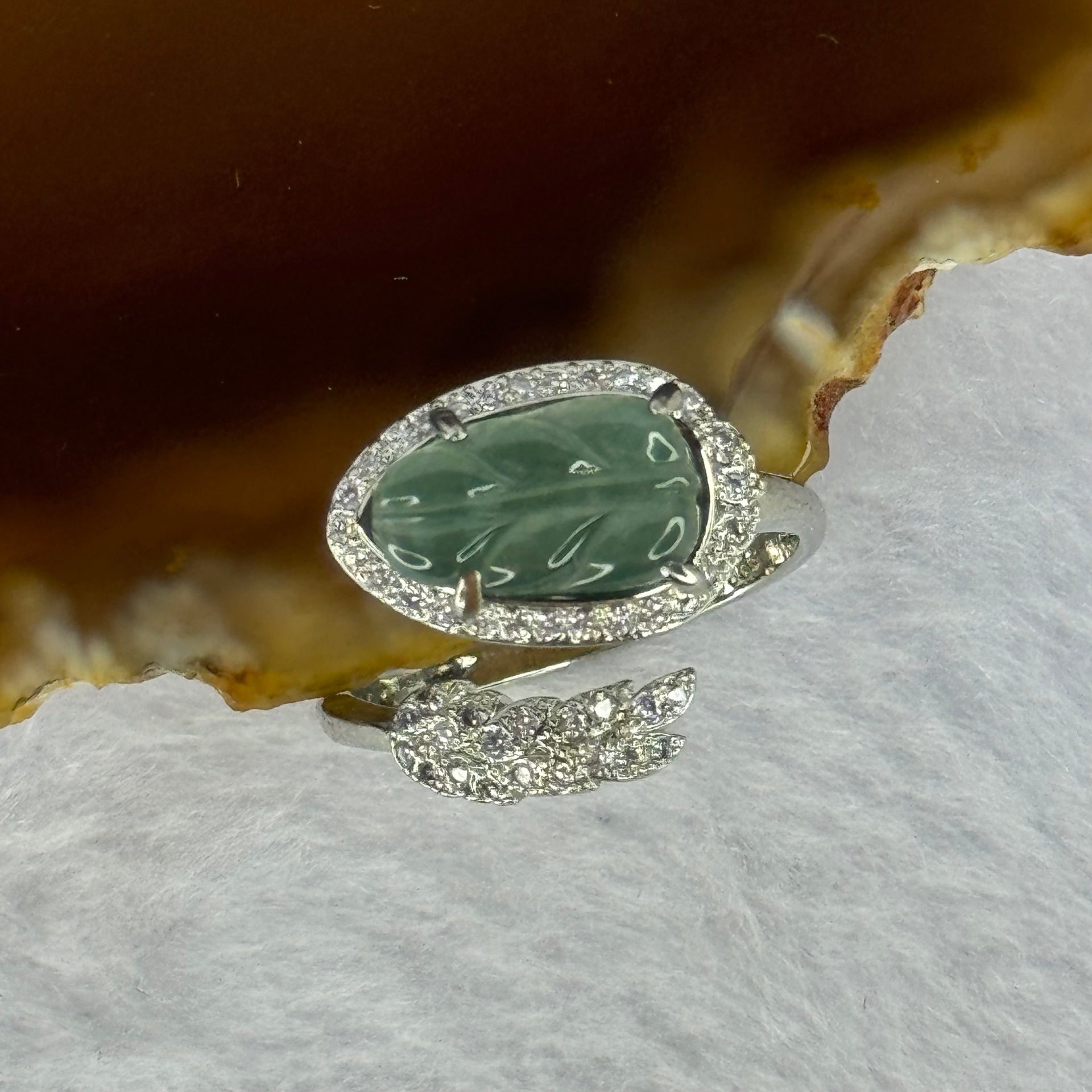 Type A Icy Blueish Jadeite Leaf with Crystals in S925 Sliver Ring (Adjustable Size) 2.60g 12.3 by 7.4 by 2.0mm - Huangs Jadeite and Jewelry Pte Ltd