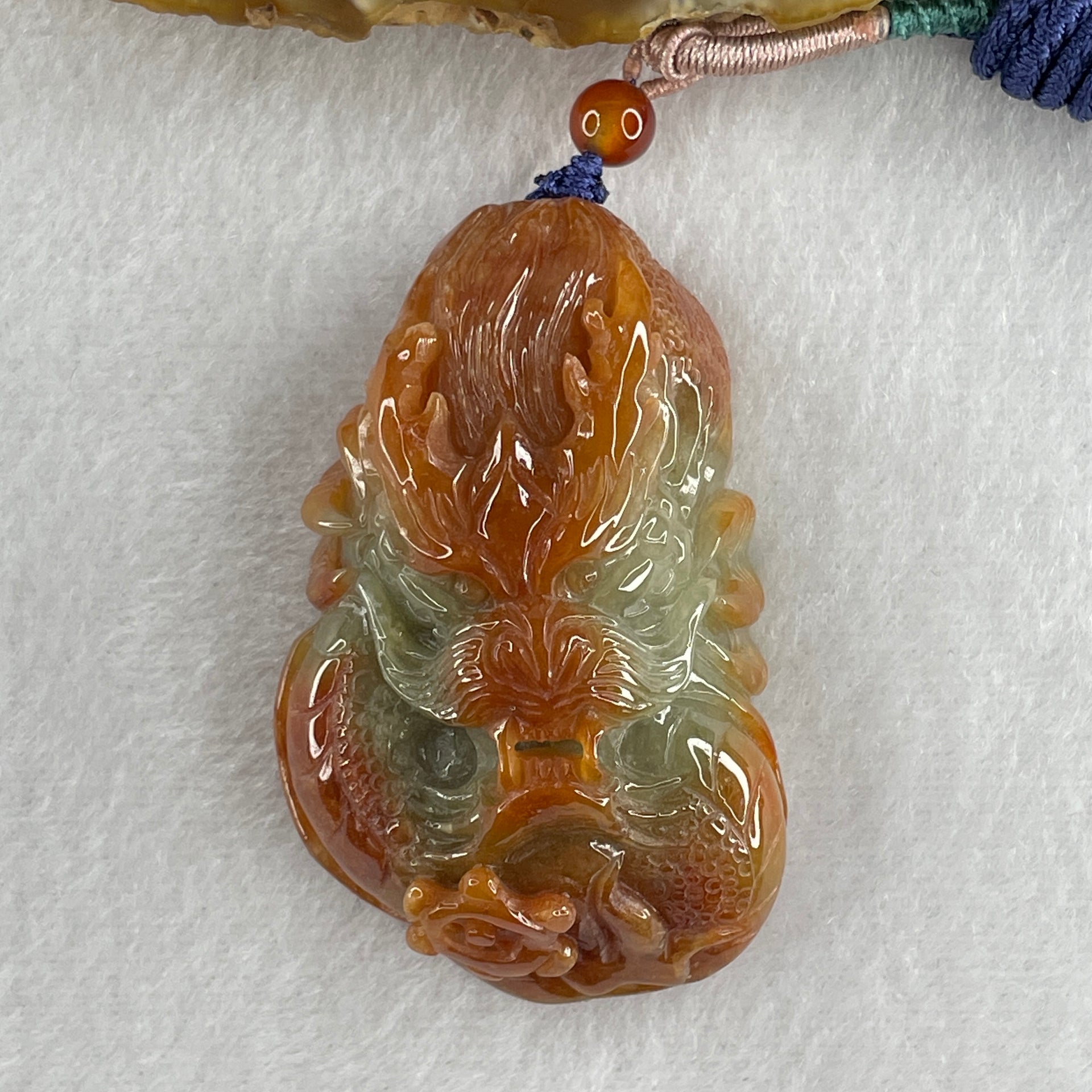 Type A Brownish Red with Green Jadeite Dragon Double Side Pendant 75.20g 58.5 by 36.2 by 22.6mm - Huangs Jadeite and Jewelry Pte Ltd