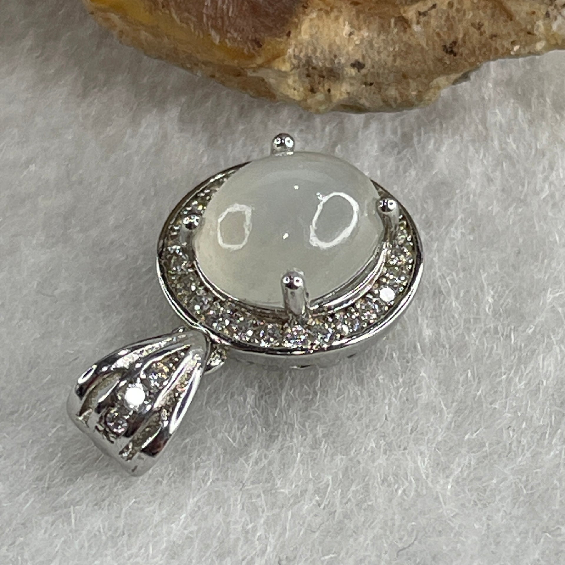 Type A Icy White Jadeite Pendant with Cubic Zirconia in S925 Sliver 1.75g 8.6 by 7.2 by 4.0mm - Huangs Jadeite and Jewelry Pte Ltd