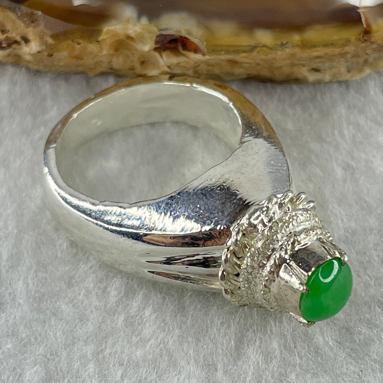 Type A Natural Apple Green Jadeite Cabochon 5.9 by 5.9 by 1.8mm Stone for Setting 9.18g (On Silver Ring Mold) US 6.3 HK 13.8 - Huangs Jadeite and Jewelry Pte Ltd