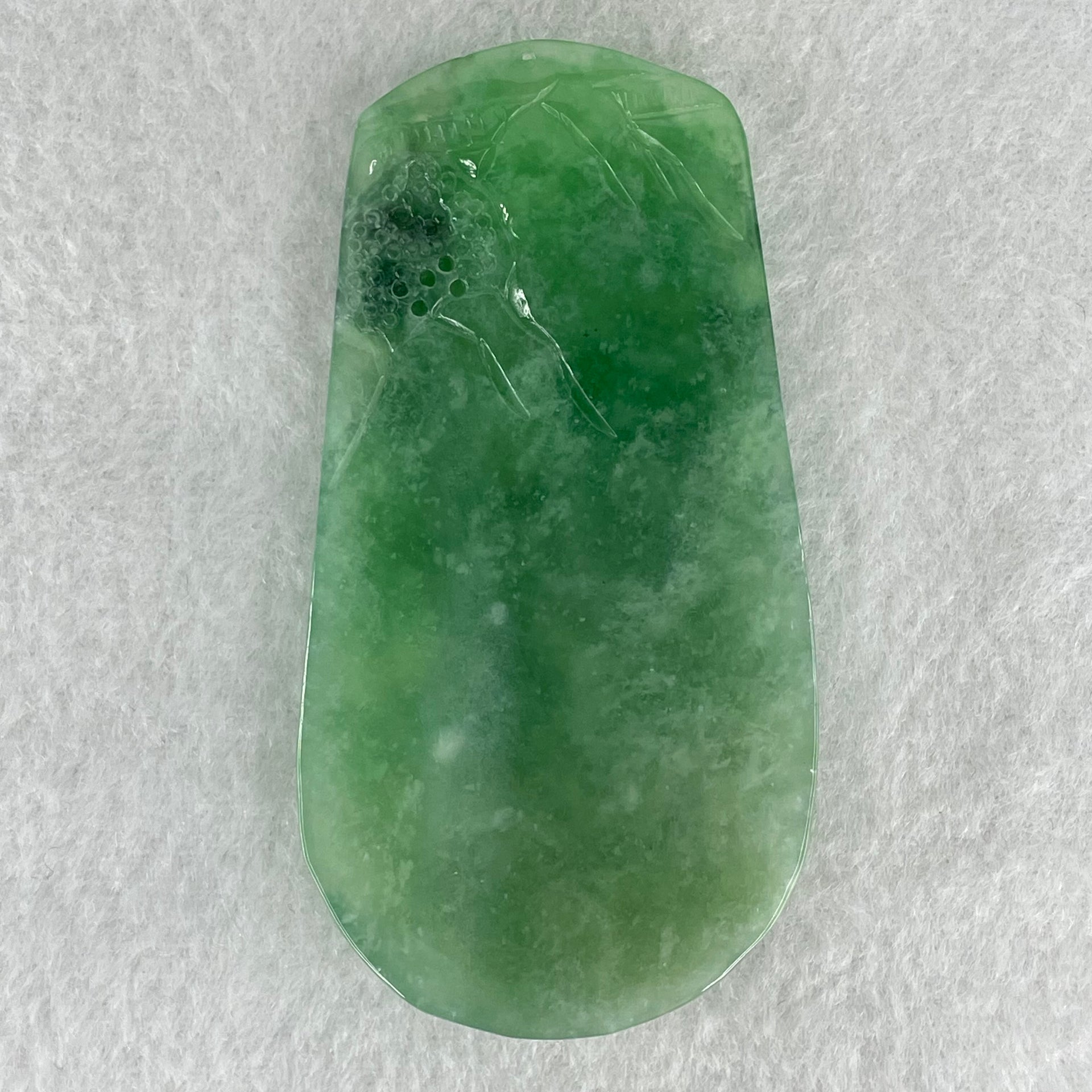 Type A Semi Icy Bright Green Jadeite Double Sided Shan Shui with Gui Ren Benefactor Pendant 47.64g 76.5 by 39.9 by 9.0mm - Huangs Jadeite and Jewelry Pte Ltd