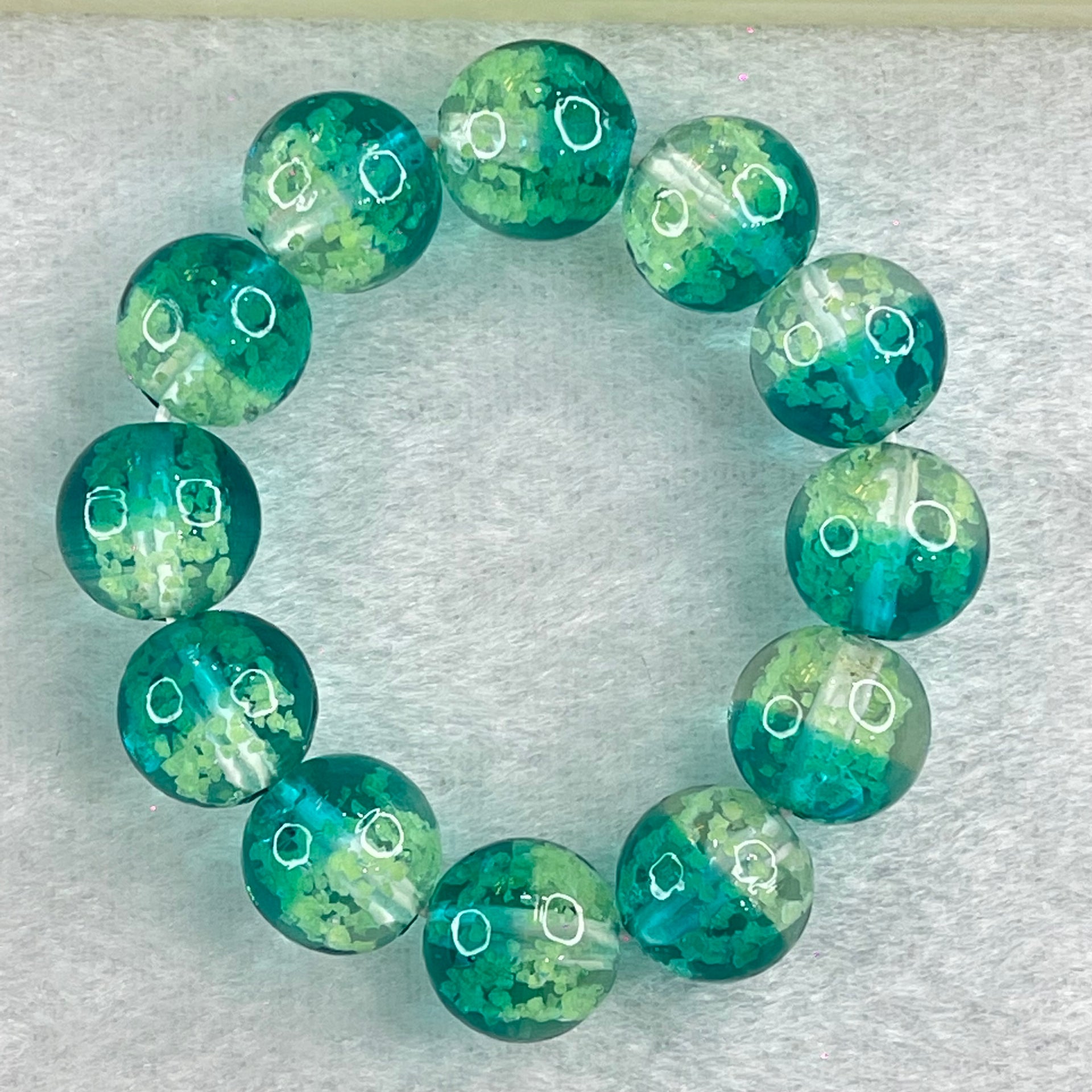 Blueish Green with Yellow Beads Glass Bracelets 27.06g 11cm 12.1mm 12 Beads - Huangs Jadeite and Jewelry Pte Ltd