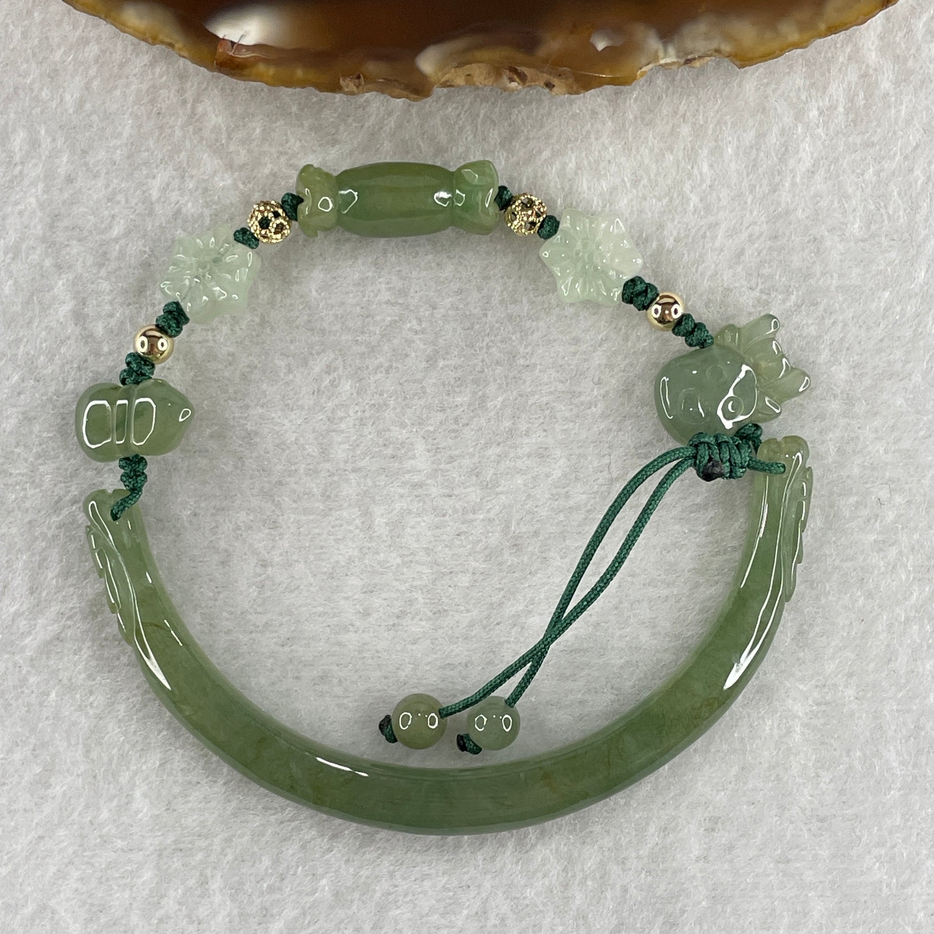 Natural Type A Semi Icy Full Green Jadeite Double Dragon Head with Candy and Snow Man Charm Bracelet 15.89g 16cm 6.2 by 6.4mm - Huangs Jadeite and Jewelry Pte Ltd