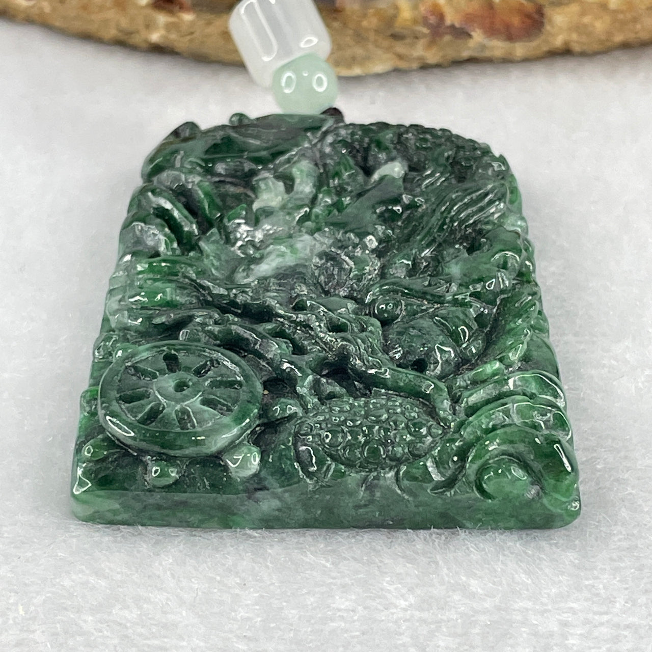 Certified Natural Type A Old Mine Green Jadeite Dragon with Ruyi and Coin Double Side Pendant 46.57g 52.2 by 40.0 by 8.8mm