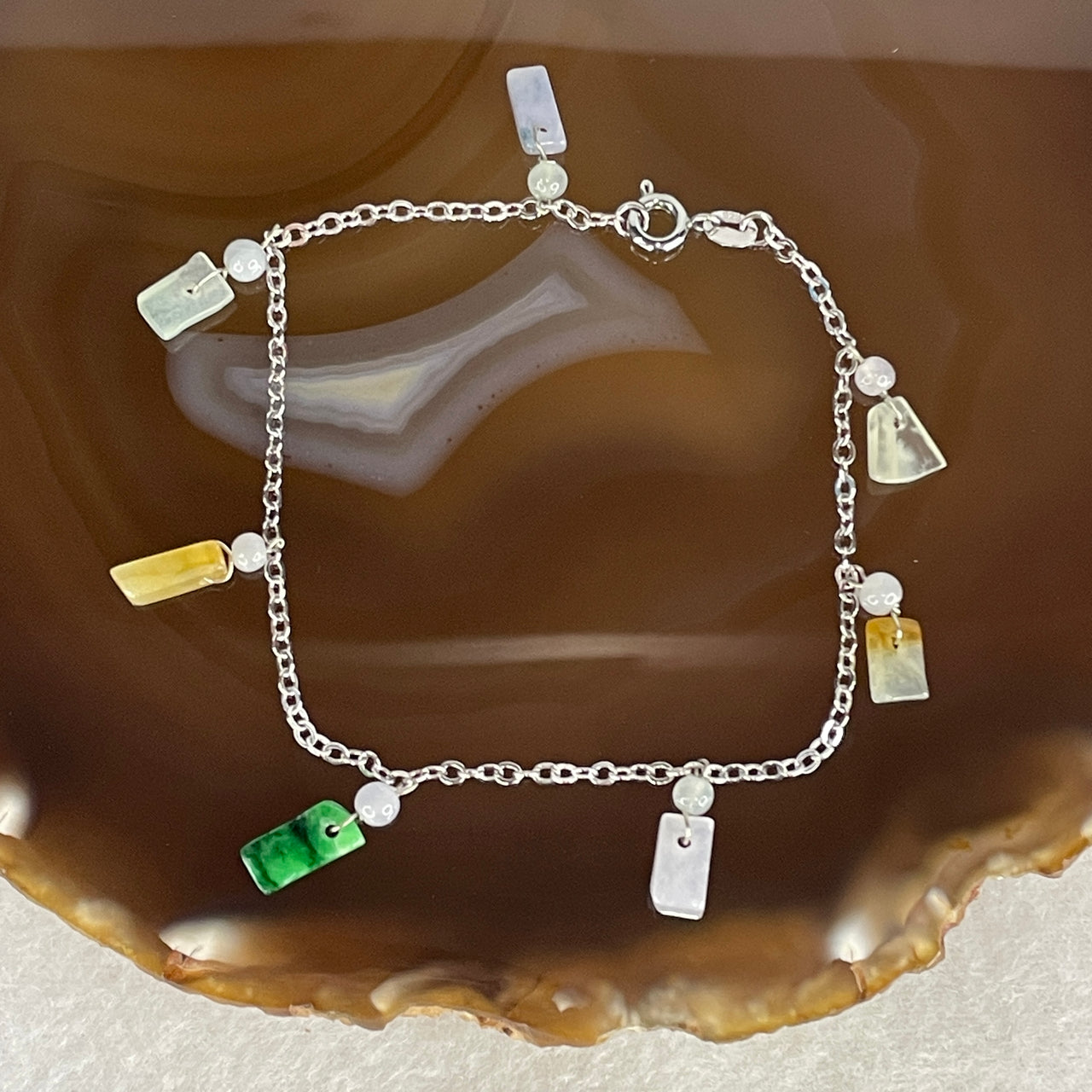 Natural Type A Semi-Icy Multi-Color Jadeite Bracelet | S925 Sterling Silver White, Yellow, Lavender & Green Jade Charm Bracelet (15-17cm)