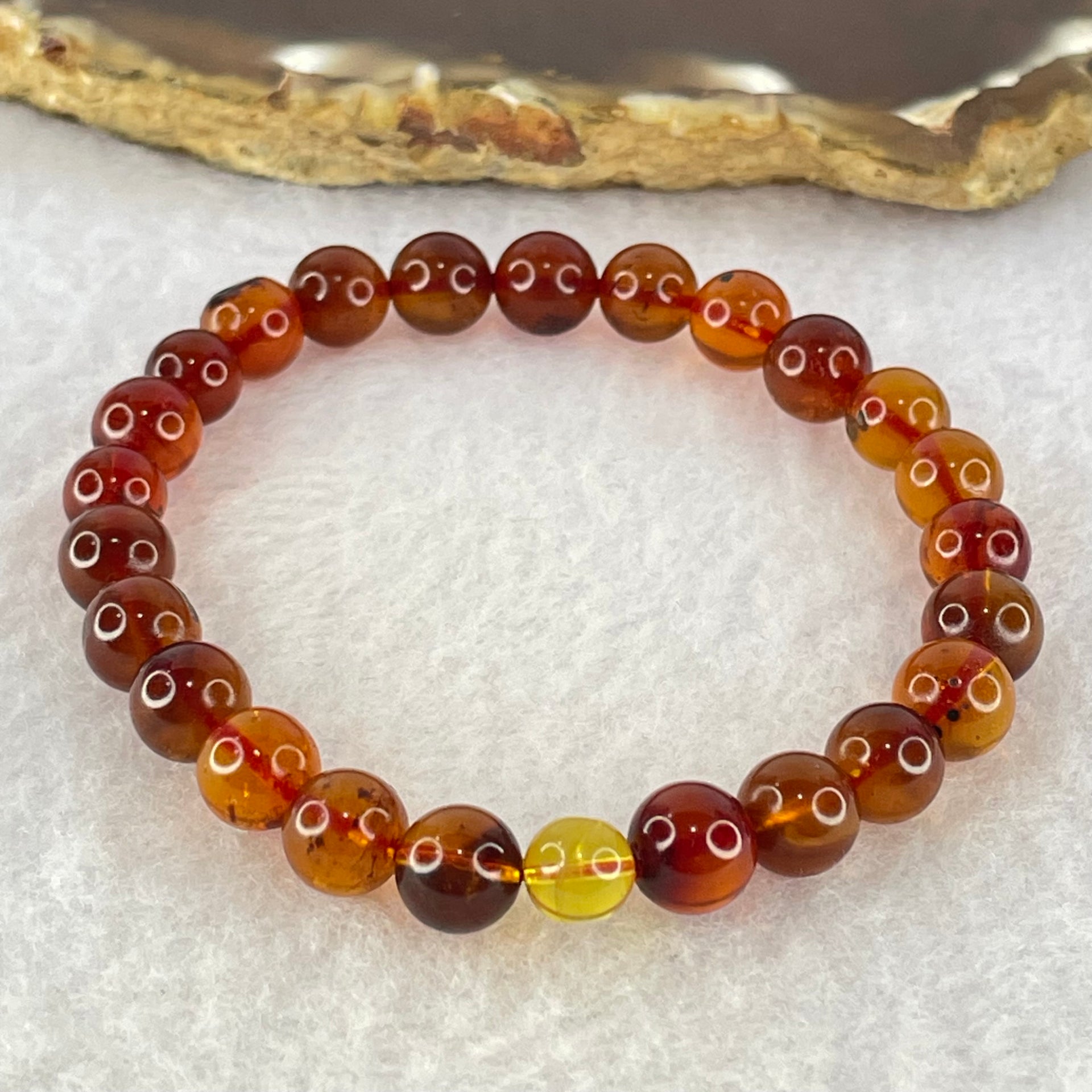 Natural Blood Red with Yellow Amber Beads Bracelet 4.88g 15cm 7.4mm 25 Beads - Huangs Jadeite and Jewelry Pte Ltd
