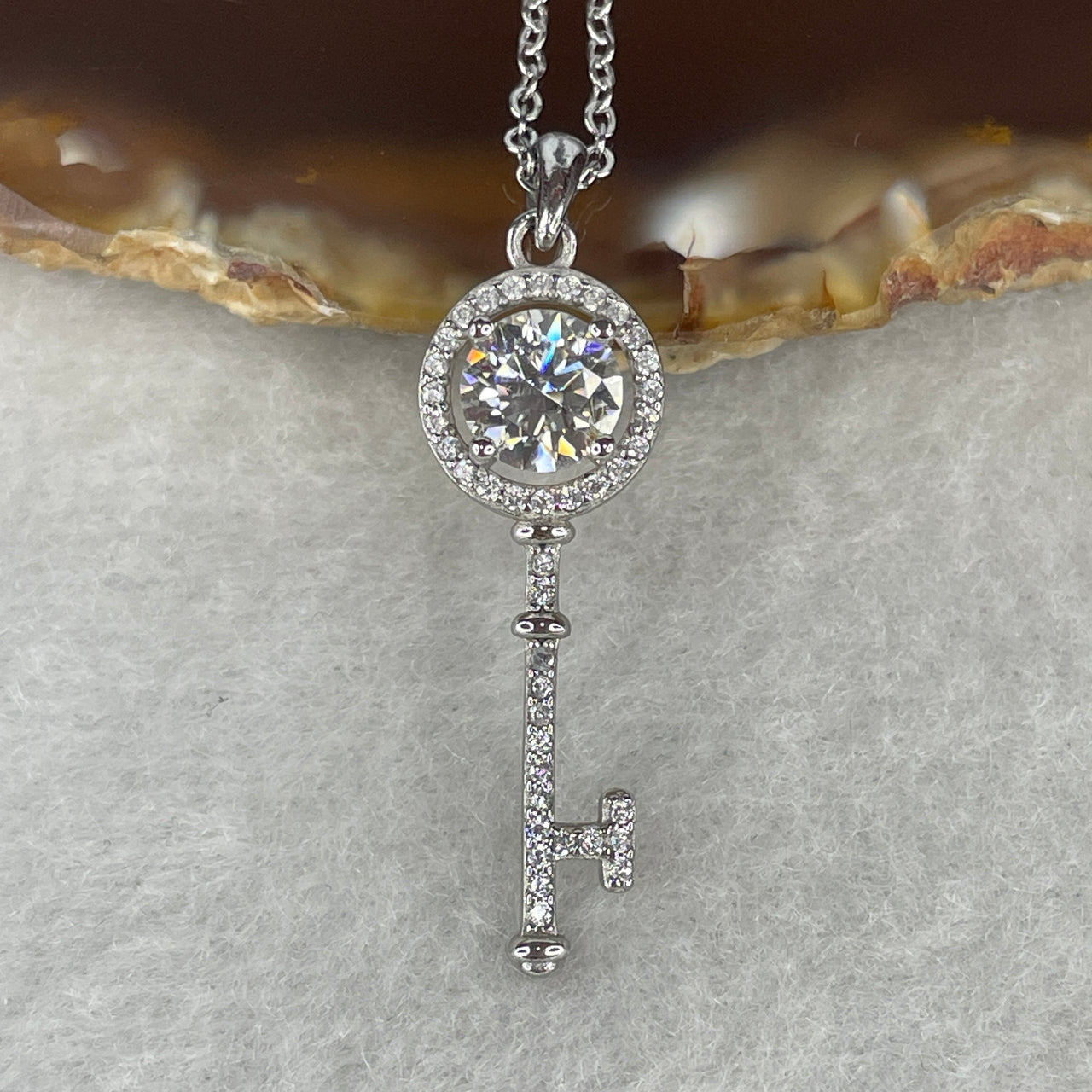 Dainty 1 Carat Moissanite Key Pendant - S925 Silver - 2.96g Solid Sterling Silver Jewelry - D Color Sparkly Symbolic Key Necklace - Adjustable Length 6.6x4.0mm