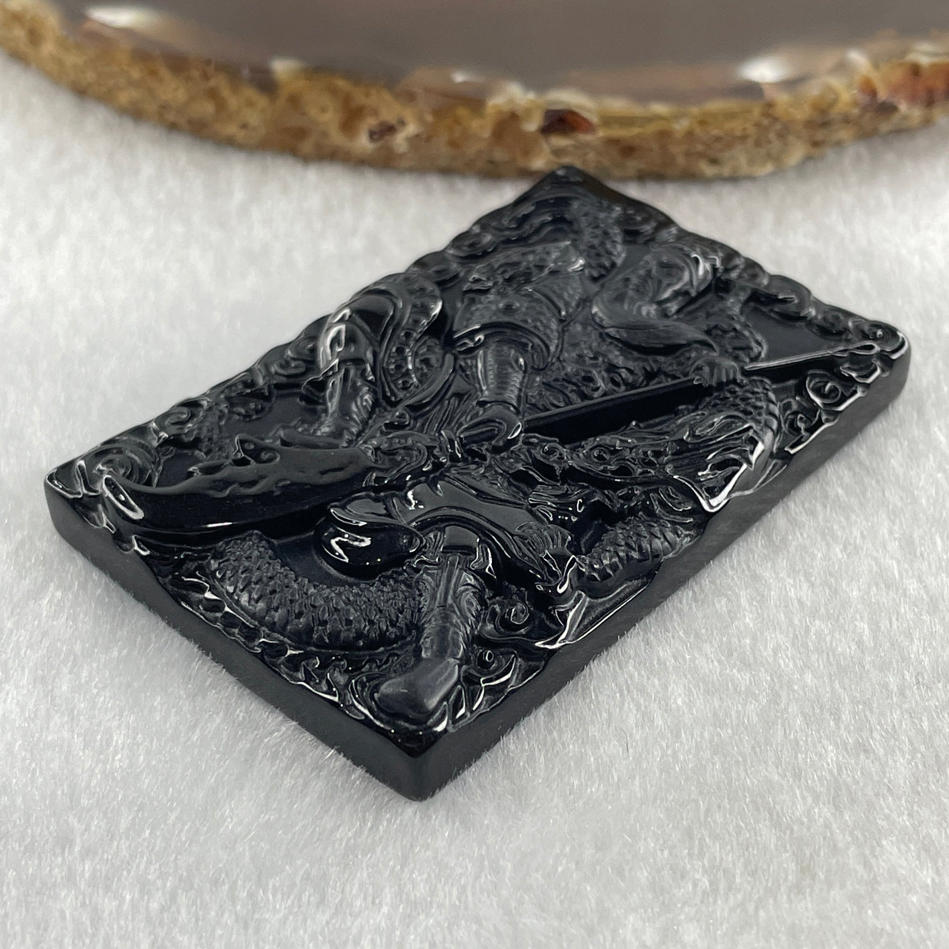 Type A Opaque to Partial Translucent Black Omphacite Jadeite Guan Gong with Dragon Pendant 26.12g 57.7 by 38.8 by 7.8mm - Huangs Jadeite and Jewelry Pte Ltd