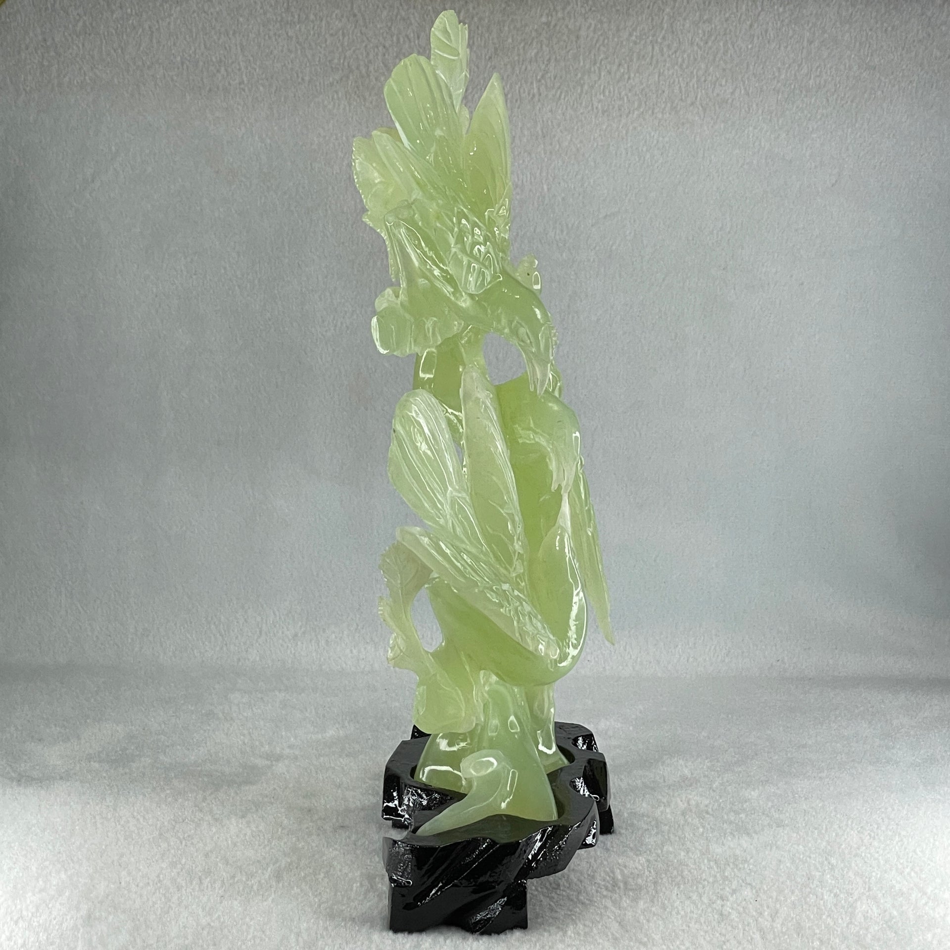 Natural Green Serpentine 3 Magpie Birds on Tree with Wooden Stand Display 939.0g 147.0 by 272.0 by 92.0mm - Huangs Jadeite and Jewelry Pte Ltd