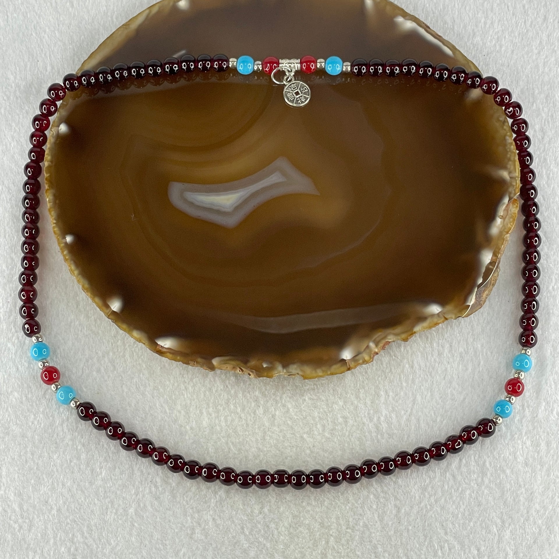 Man Made Red with Blue and Red Agate Beads Necklace 27.08g 52cm 6.4mm 76Beads - Huangs Jadeite and Jewelry Pte Ltd