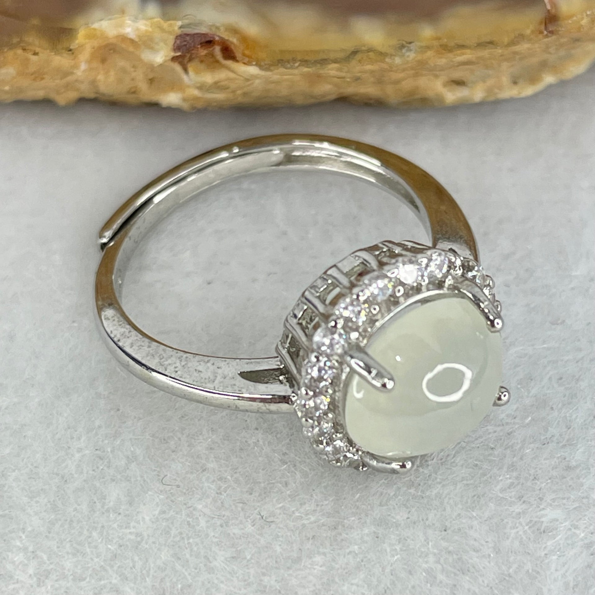 Type A Semi Icy Green Jadeite Cabochon in S925 Sliver Ring (Adjustable Size) 2.60g 8.4 by 8.9 by 5.0mm - Huangs Jadeite and Jewelry Pte Ltd