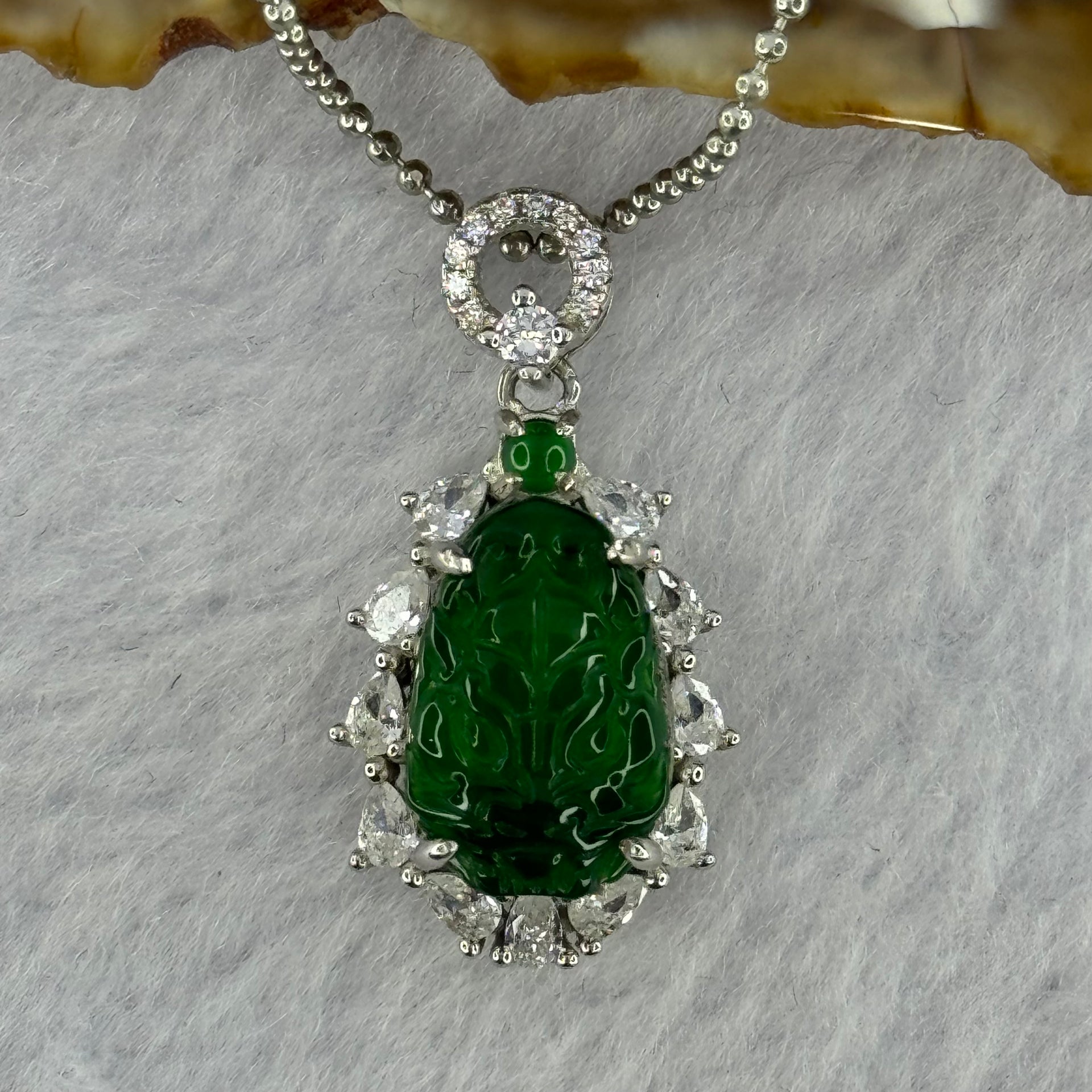 Type A Icy Green Omphasite Jadeite Dragon Head with Crystals in S925 Sliver Necklace 5.11g 13.5 by 9.1 by 2.0mm - Huangs Jadeite and Jewelry Pte Ltd