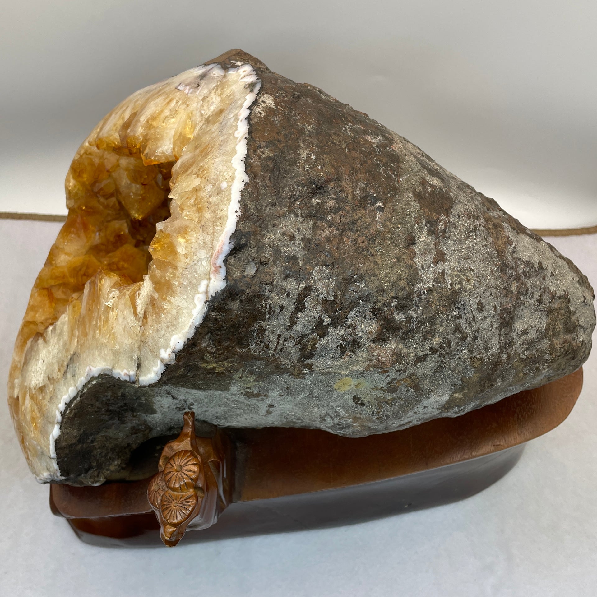 Natural Irregular Pocket Shape Citrine Cave with Wooden Stand Display 14,866.3g 235.0 by 335.0 by 310.0mm - Huangs Jadeite and Jewelry Pte Ltd