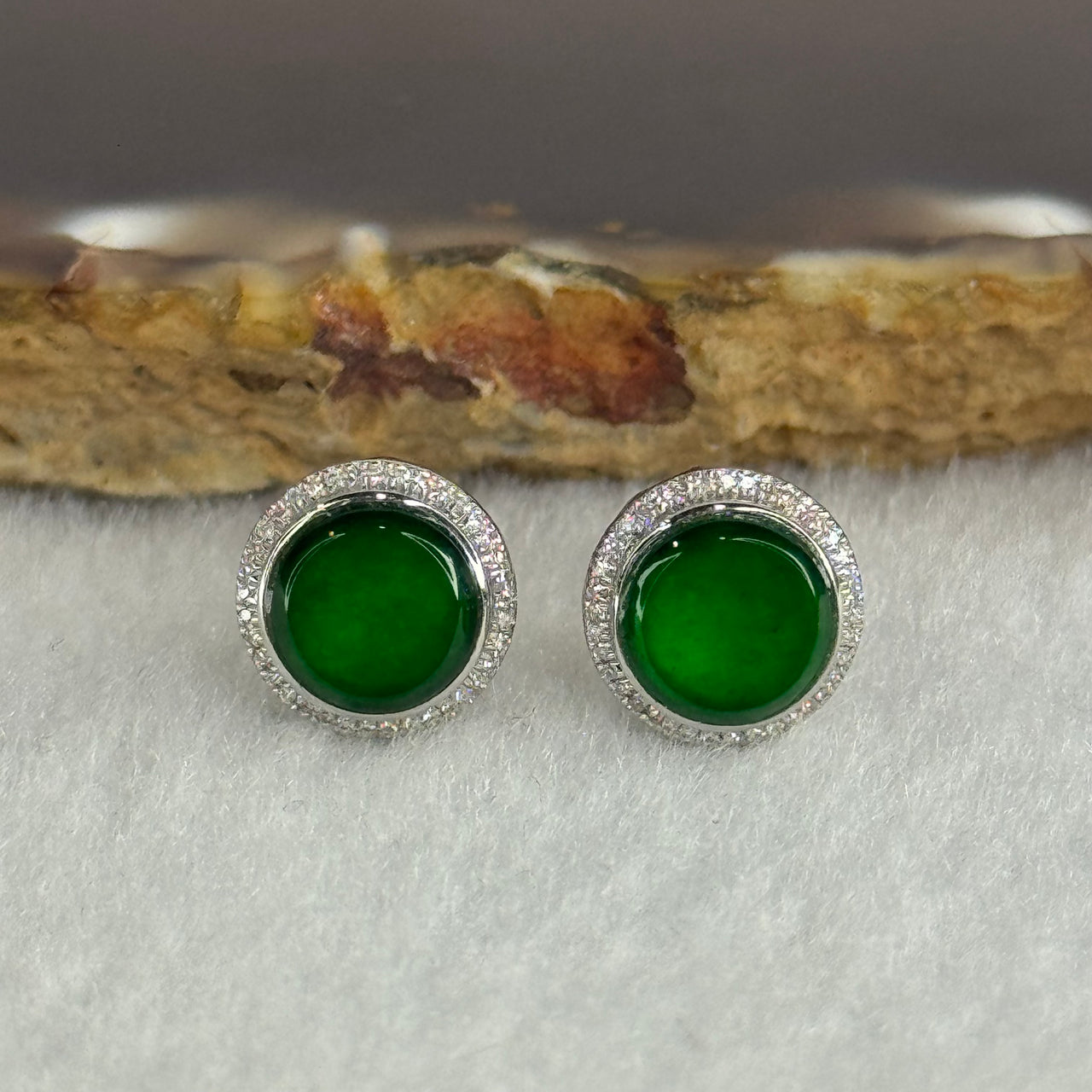 Type A Icy Old Mine Full Green Hua Qing Jade Jadeite with Diamonds Round Earrings 2.35g 9.5 by 9.5 by 5.7mm - Huangs Jadeite and Jewelry Pte Ltd