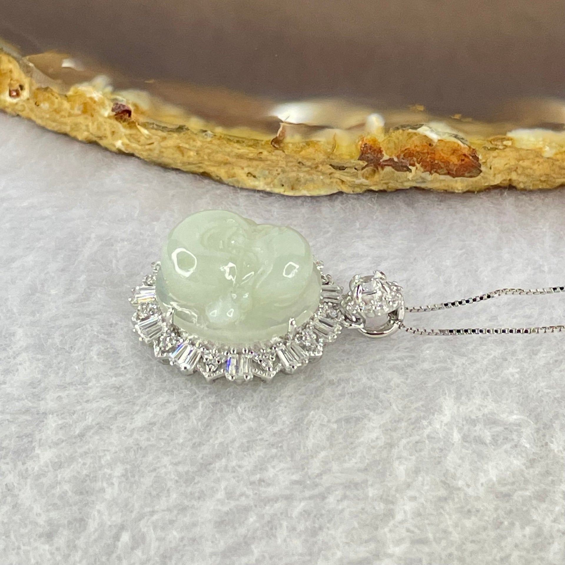 Type A Faint Green Lavender Milo Buddha with Crystals in S925 Sliver Pendant and Necklace 6.77g 16.5 by 16.5 by 7.5mm - Huangs Jadeite and Jewelry Pte Ltd