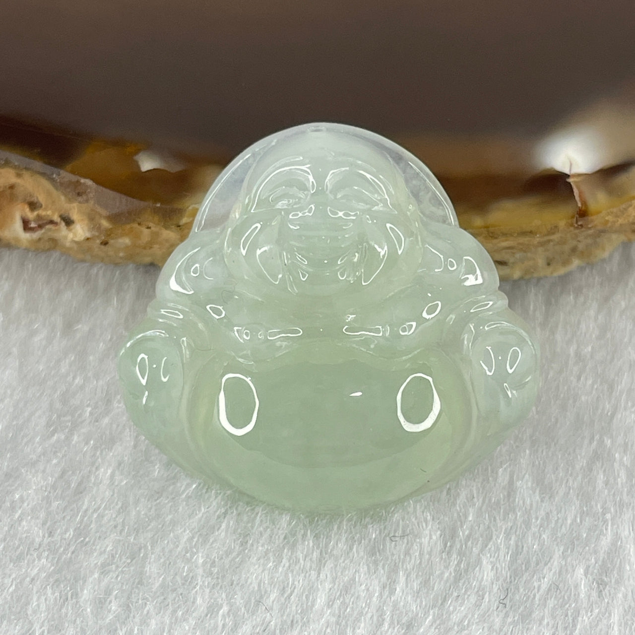 Natural Type A Semi Icy Faint Sky Blue to White Jadeite Milo Laughing Buddha Pendant 6.43g 23.9 by 25.6 by 7.4mm