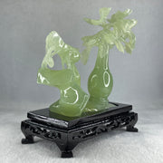 Natural Green Serpentine Double Magpies Birds on Mountain with Flower on Vase with Wooden Stand Display 553.8g 180.0 by 95.0 by 170.0mm - Huangs Jadeite and Jewelry Pte Ltd