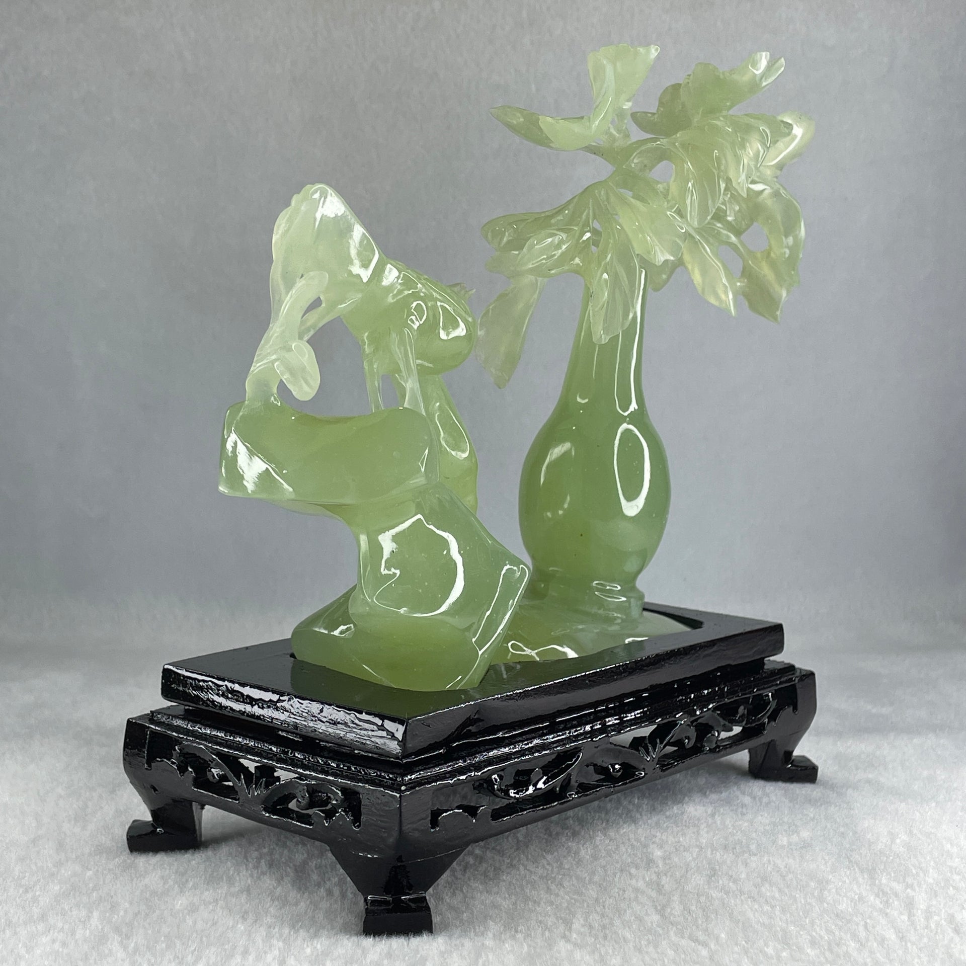 Natural Green Serpentine Double Magpies Birds on Mountain with Flower on Vase with Wooden Stand Display 553.8g 180.0 by 95.0 by 170.0mm - Huangs Jadeite and Jewelry Pte Ltd