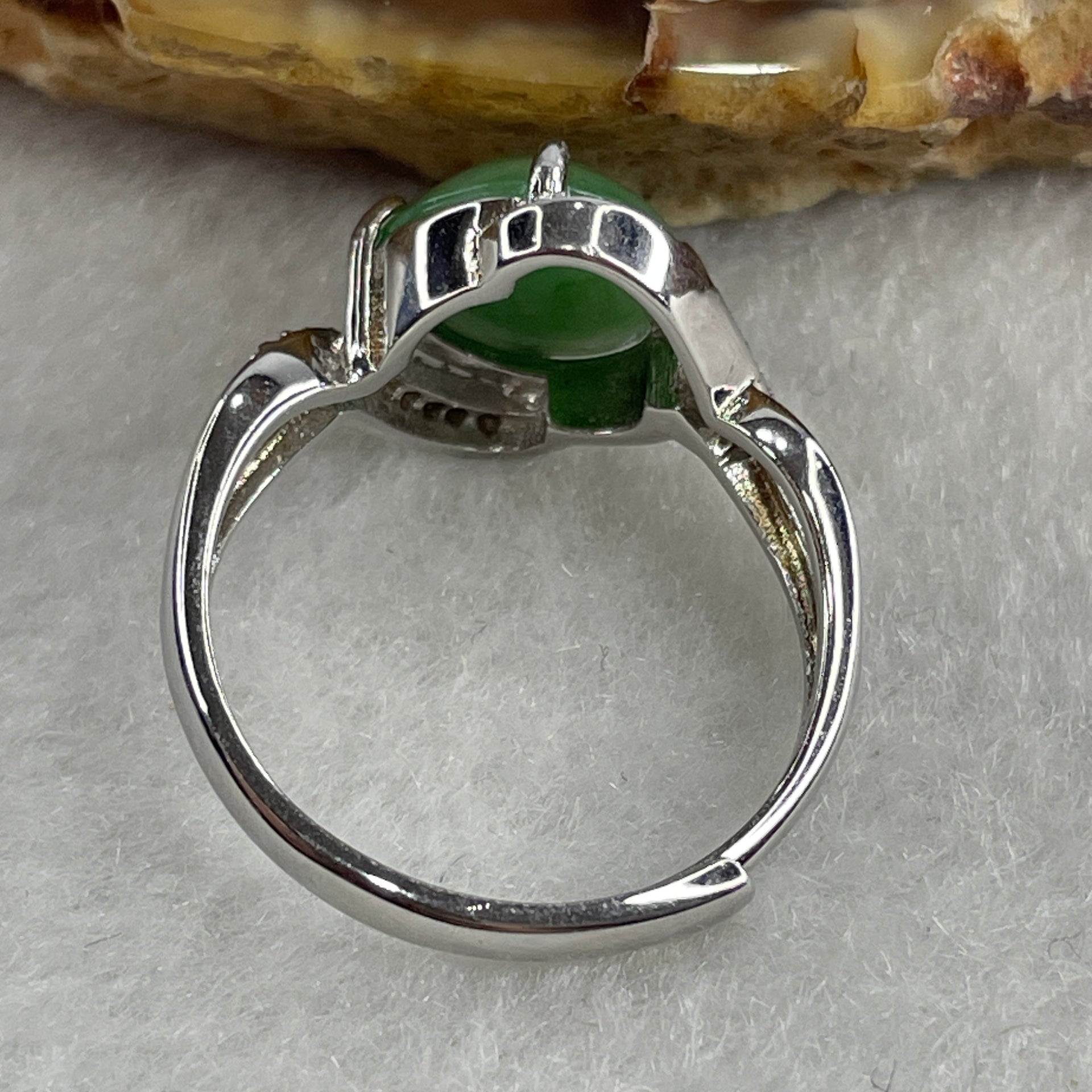 Type A Green Jadeite Ring in S925 Sliver with Cubic Zirconia 2.67g 9.5 by 8.7 by 4.0mm (Adjustable Size) - Huangs Jadeite and Jewelry Pte Ltd