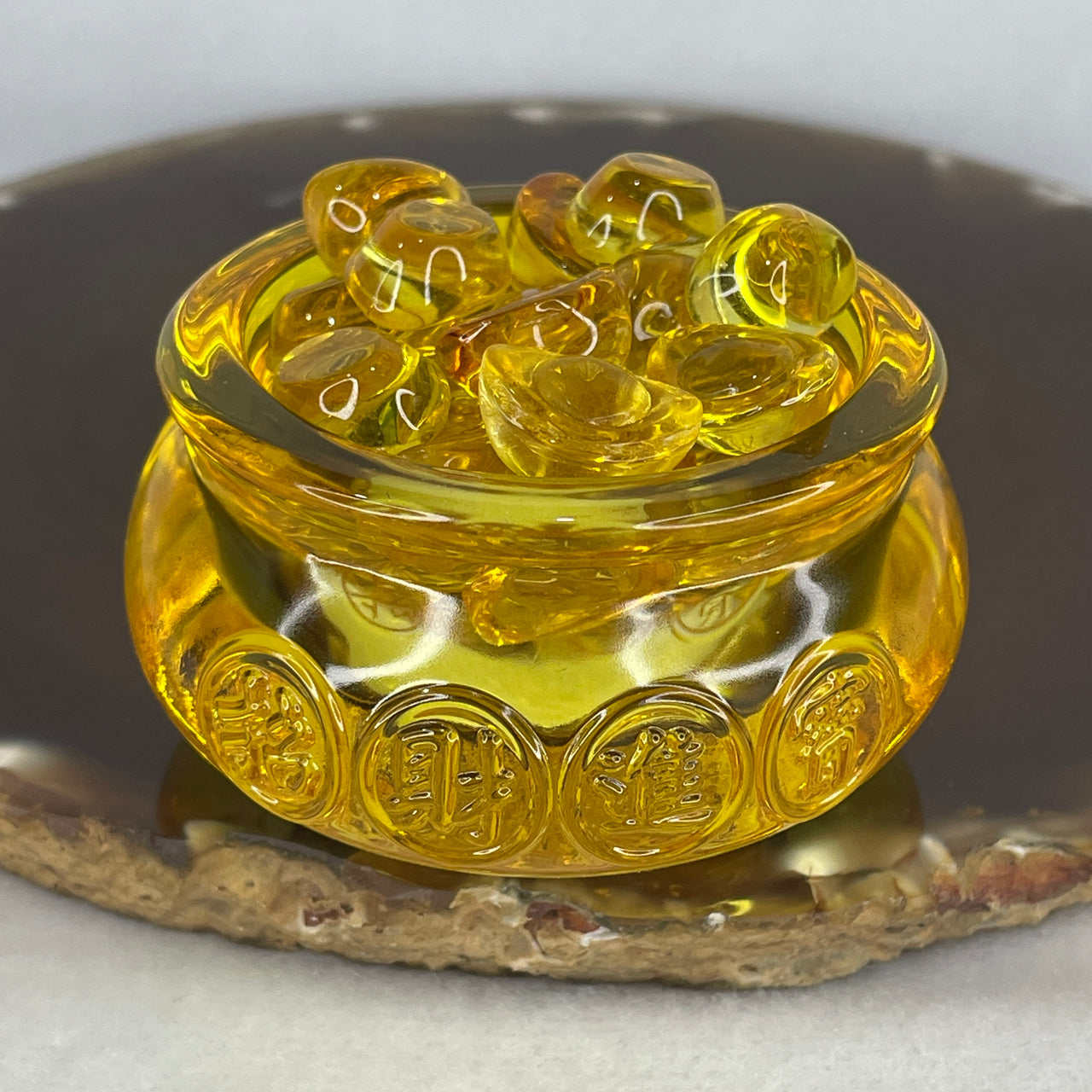 Golden Yellow Liuli Prosperity Wealth Pot with Mini Ingots | Authentic Feng Shui Wealth Basin (Treasure Bowl) | Ultimate Abundance, Success & Cash Flow Manifestation Magnet (59.2x41.0mm | 160.55g)