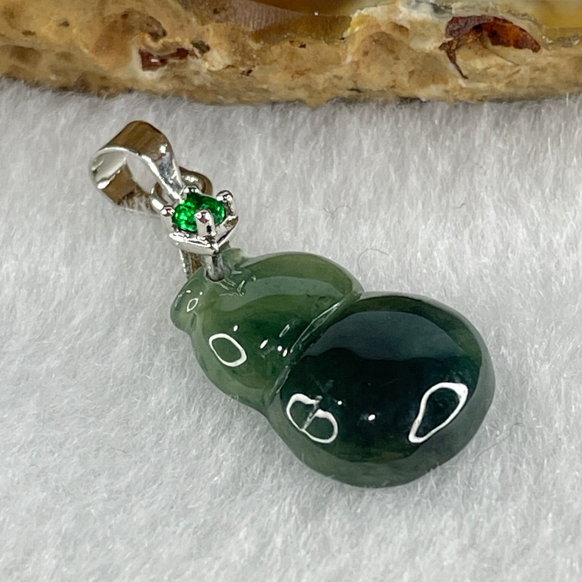 Natural Type A Semi Icy Dark Green Jadeite Calabash Hulu Pendant in Stainless Steel Clasp 1.69g 17.1 by 11.6 by 3.9mm - Huangs Jadeite and Jewelry Pte Ltd