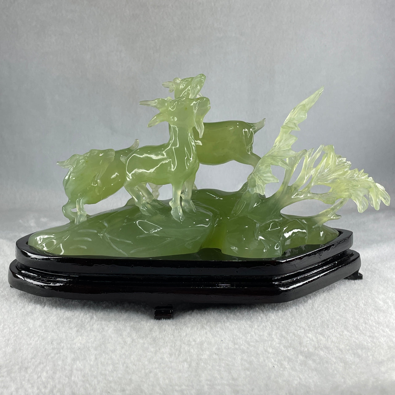 Natural Green Serpentine 3 Goat on Grassland with Wooden Stand Display 913.3g 215.0  by 102.2 by 130.0mm - Huangs Jadeite and Jewelry Pte Ltd