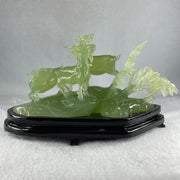 Natural Green Serpentine 3 Goat on Grassland with Wooden Stand Display 913.3g 215.0  by 102.2 by 130.0mm - Huangs Jadeite and Jewelry Pte Ltd