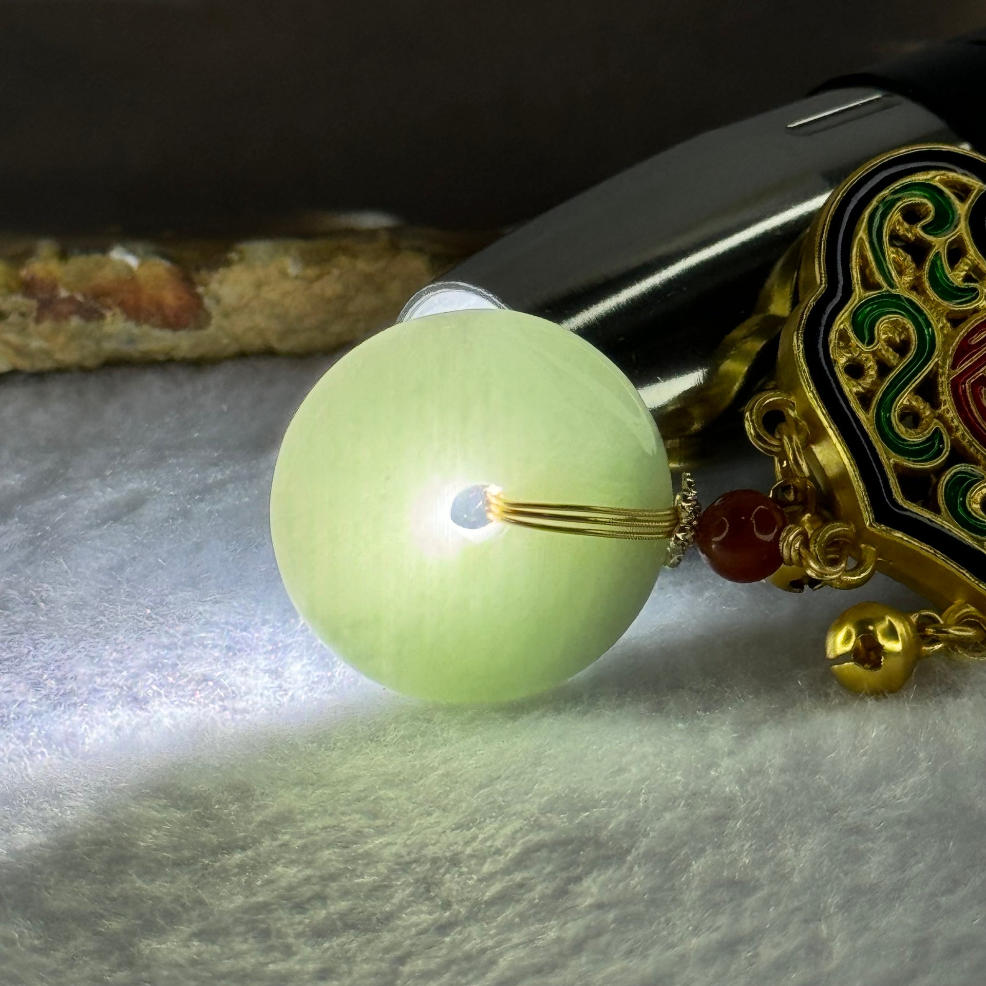 Type A Light Green Jadeite Ping An Kou Donut 25.7 by 5.7mm with Crystals Necklace 37.89g - Huangs Jadeite and Jewelry Pte Ltd