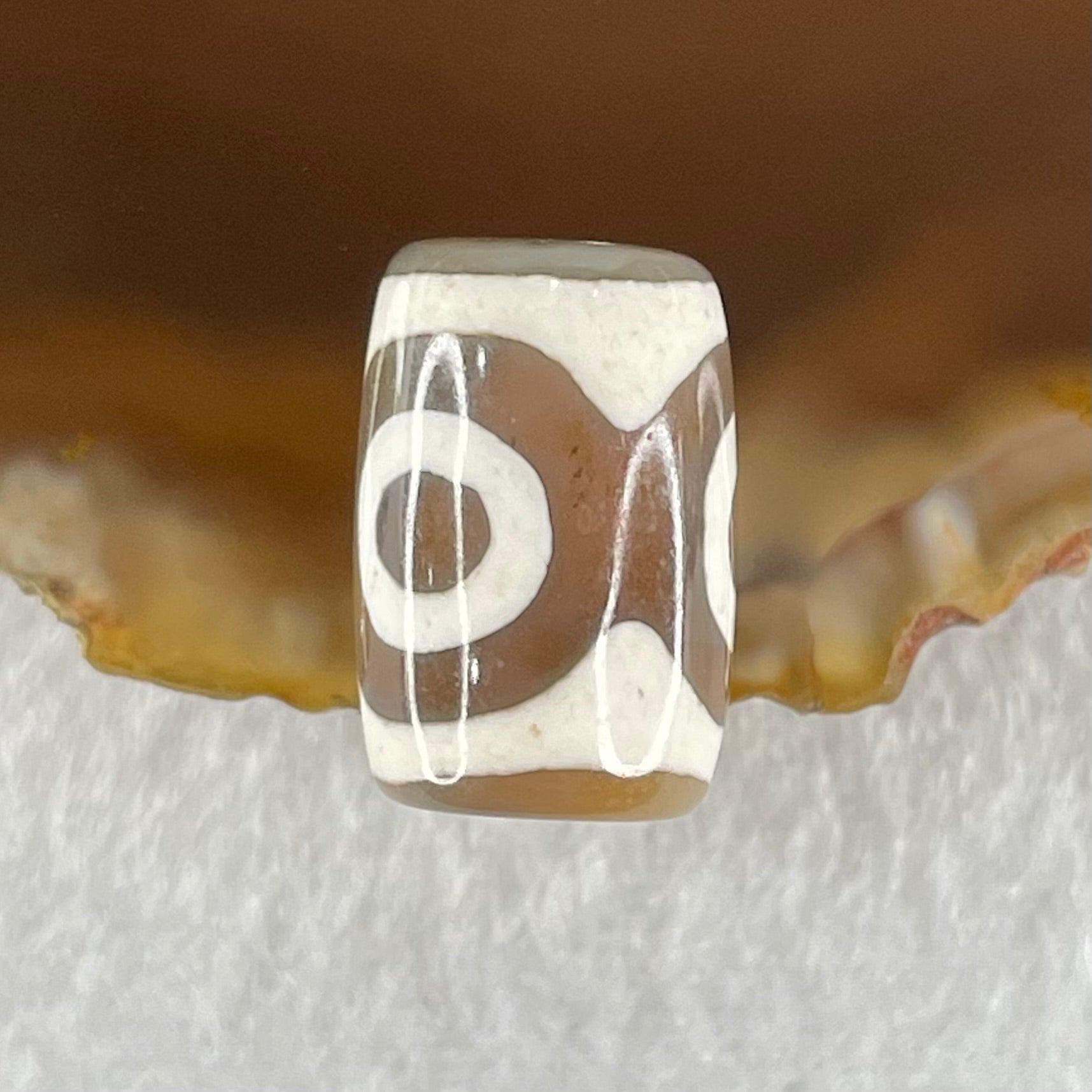 Natural Powerful Tibetan Old Oily Dark Brown With White Agate 3 Eyes Dzi Bead Heavenly Master (Tian Zhu) 三眼天诛 3.19g 15.7 by 10.8mm - Huangs Jadeite and Jewelry Pte Ltd