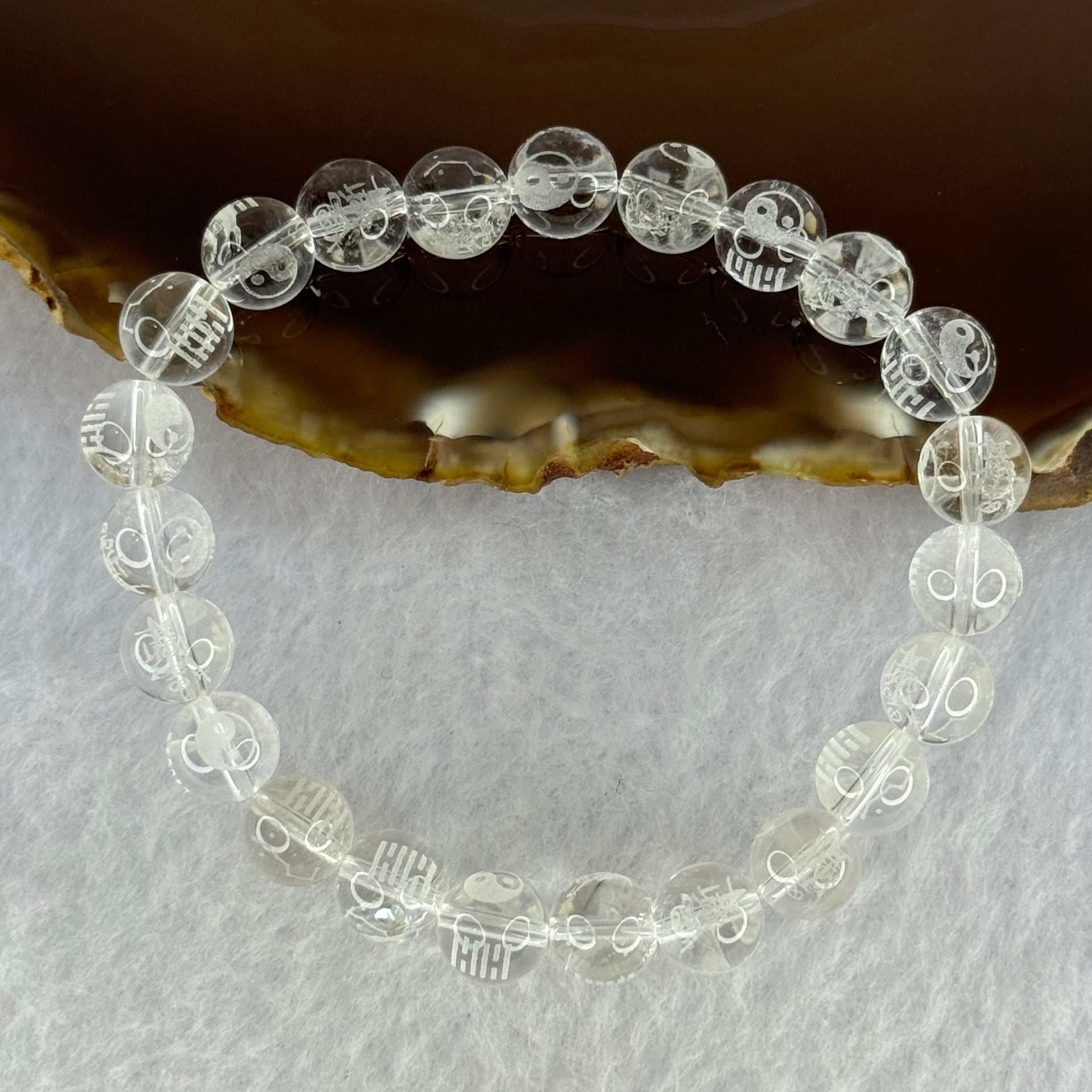 Natural Clear Quartz Beads with Inscription Bracelet 17.87g 15cm 8.4mm 23 Beads - Huangs Jadeite and Jewelry Pte Ltd