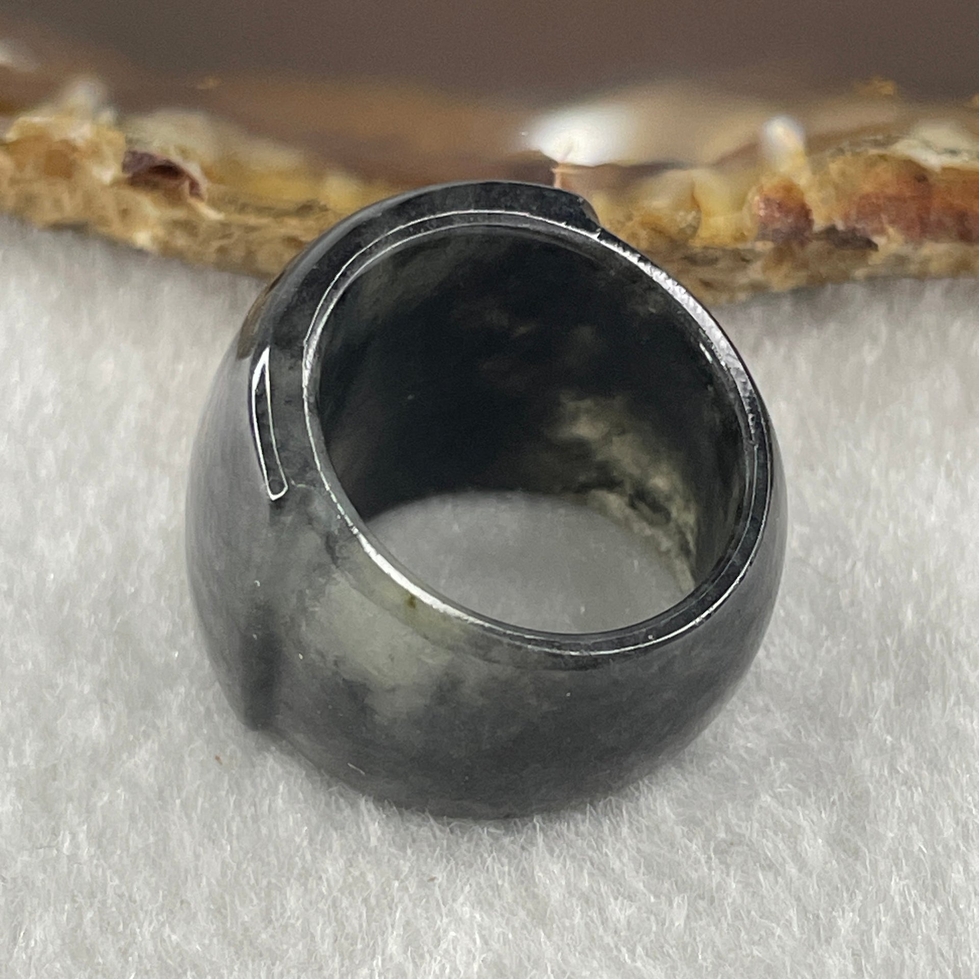 Type A Semi Icy Wuji Black Grey Jadeite Ma An Ring 10.18g 19.7 by 5.2mm US6 HK13 - Huangs Jadeite and Jewelry Pte Ltd