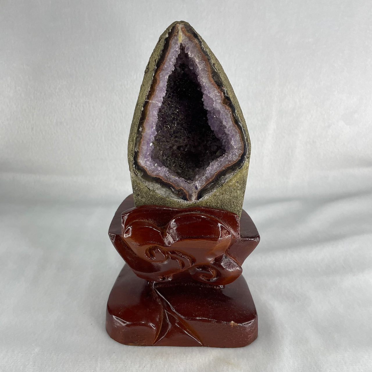 Natural Amethyst Cave with Wooden Stand 973.3g 93.9 by 102.8 by 170.0mm - Huangs Jadeite and Jewelry Pte Ltd