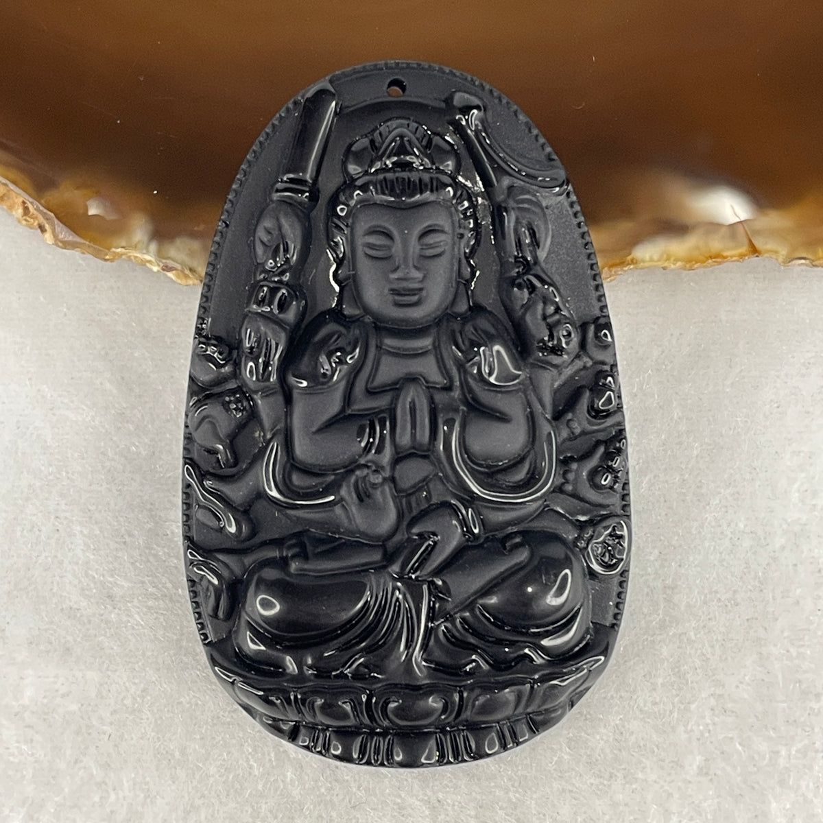 Natural Black Agate Onyx Thousand-Hands Guan Yin Pendant | Hand-Carved Sacred Compassion Talisman (43.97g | 61.7 x 39.8 x 13.8mm)
