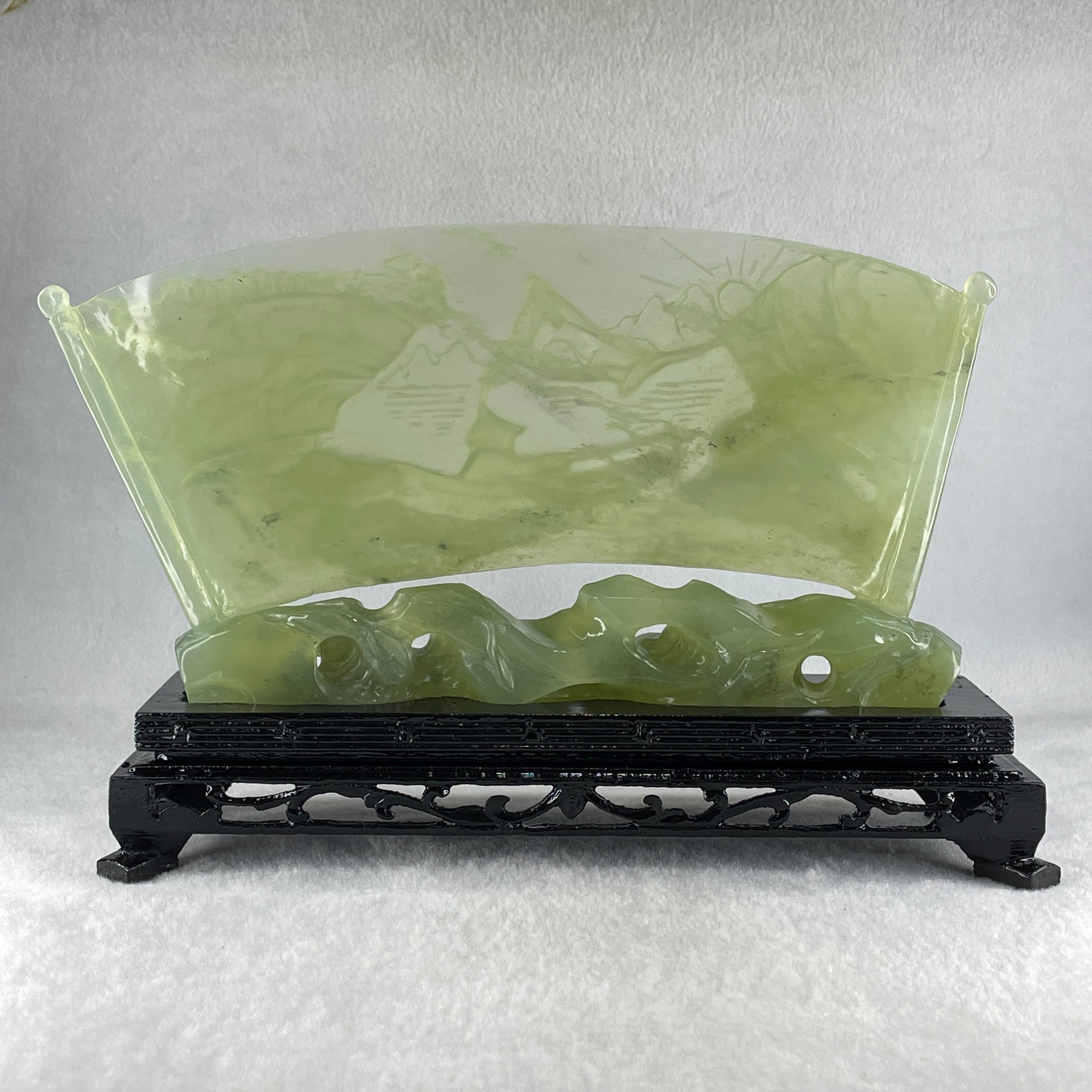 Natural Icy Light Green Serpentine Shan Shui with Gui ren Benefactor on Boat with Twin Birds with Wooden Stand Display 695.1g 242.0 by 164.0 by 83.0mm - Huangs Jadeite and Jewelry Pte Ltd