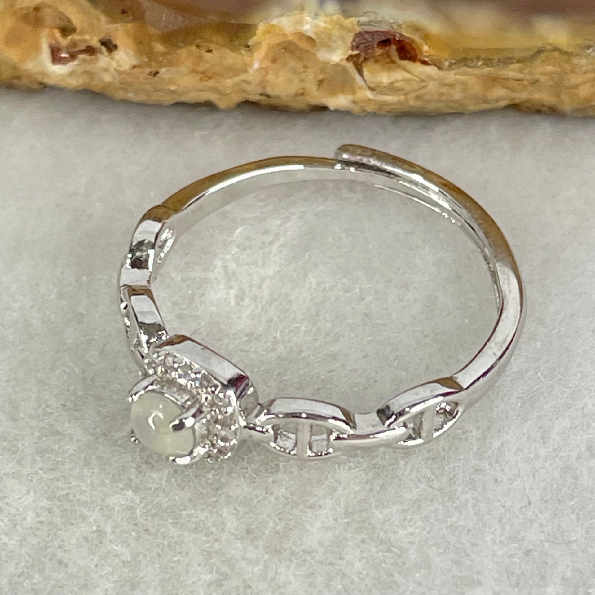 Type A Semi Icy Light Lavender Cabochon Jadeite in S925 Sliver Ring (Adjustable Size) 1.33g 3.6 by 2.0mm - Huangs Jadeite and Jewelry Pte Ltd