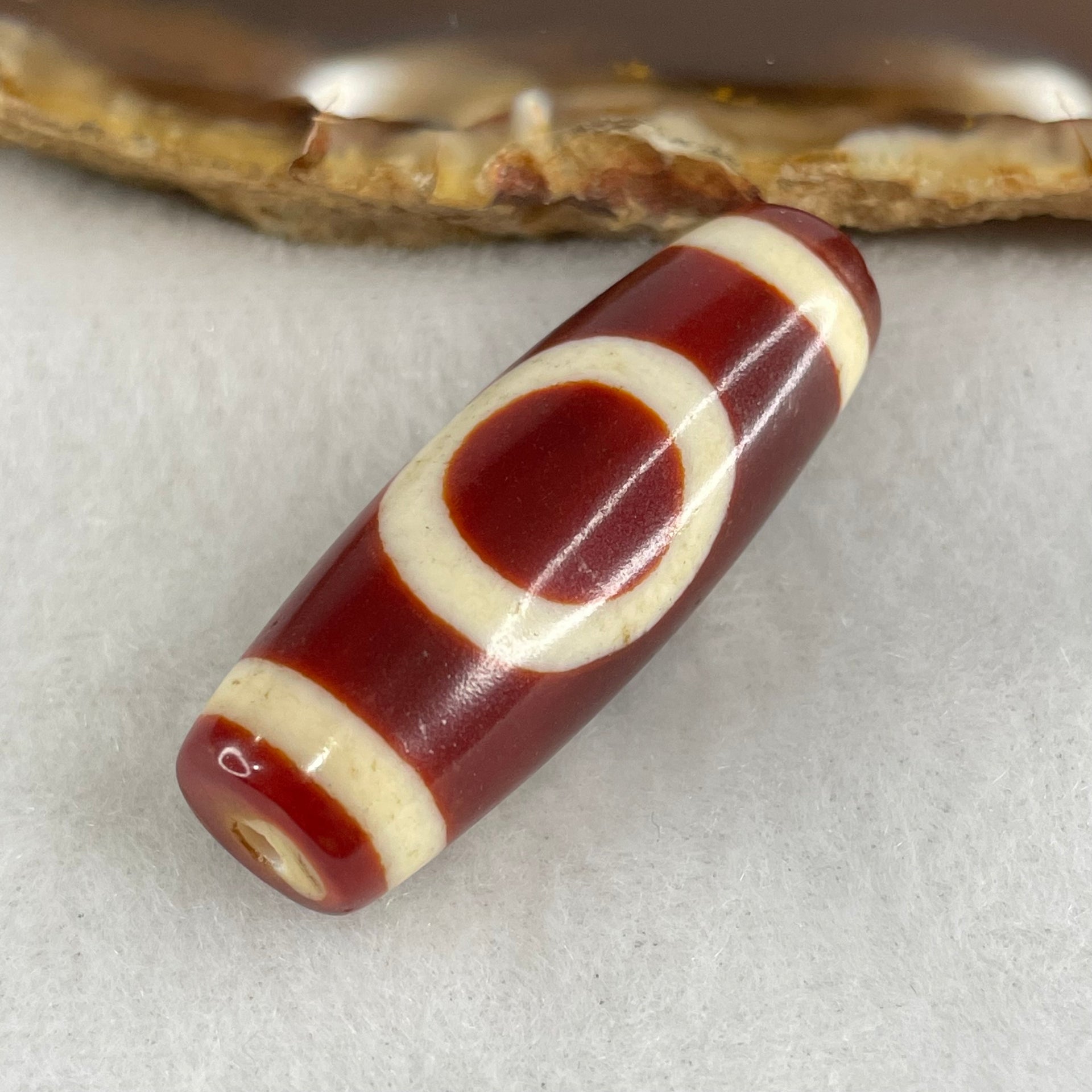 Natural Powerful Tibetan Old Oily Red White Agate One Eye Gold Metal Element Dzi Bead Heavenly Master (Tian Zhu) 一眼金天珠 10.48g 37.6 by 13.2mm - Huangs Jadeite and Jewelry Pte Ltd