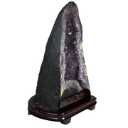 Natural Triangular Shape Amethyst Cave with Wooden Display 18,923.1g 300.0 by 280.0 by 500.0mm - Huangs Jadeite and Jewelry Pte Ltd
